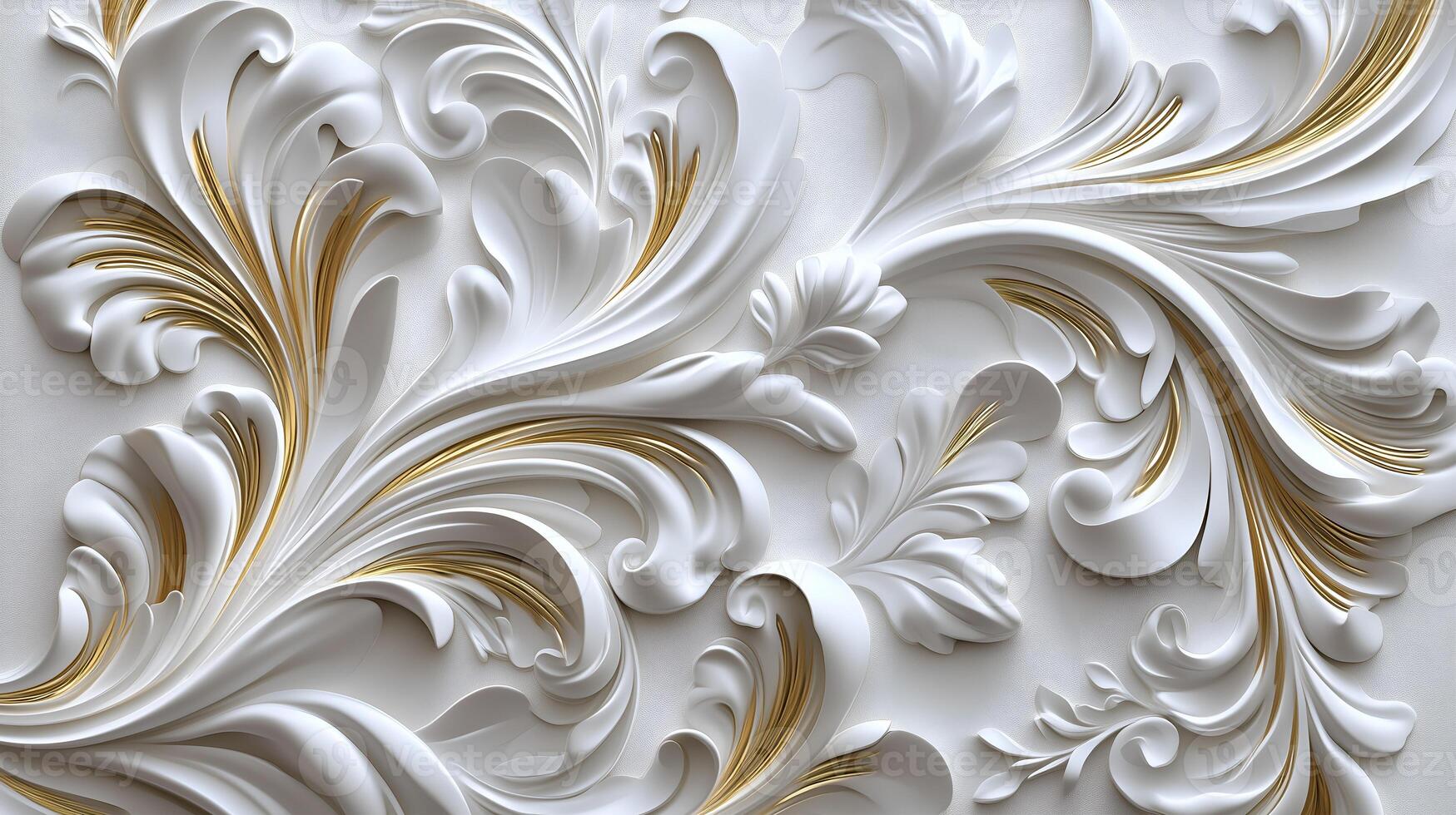 Elegant Rococo white and gold floral relief design adorning the wall in a luxurious interior space photo