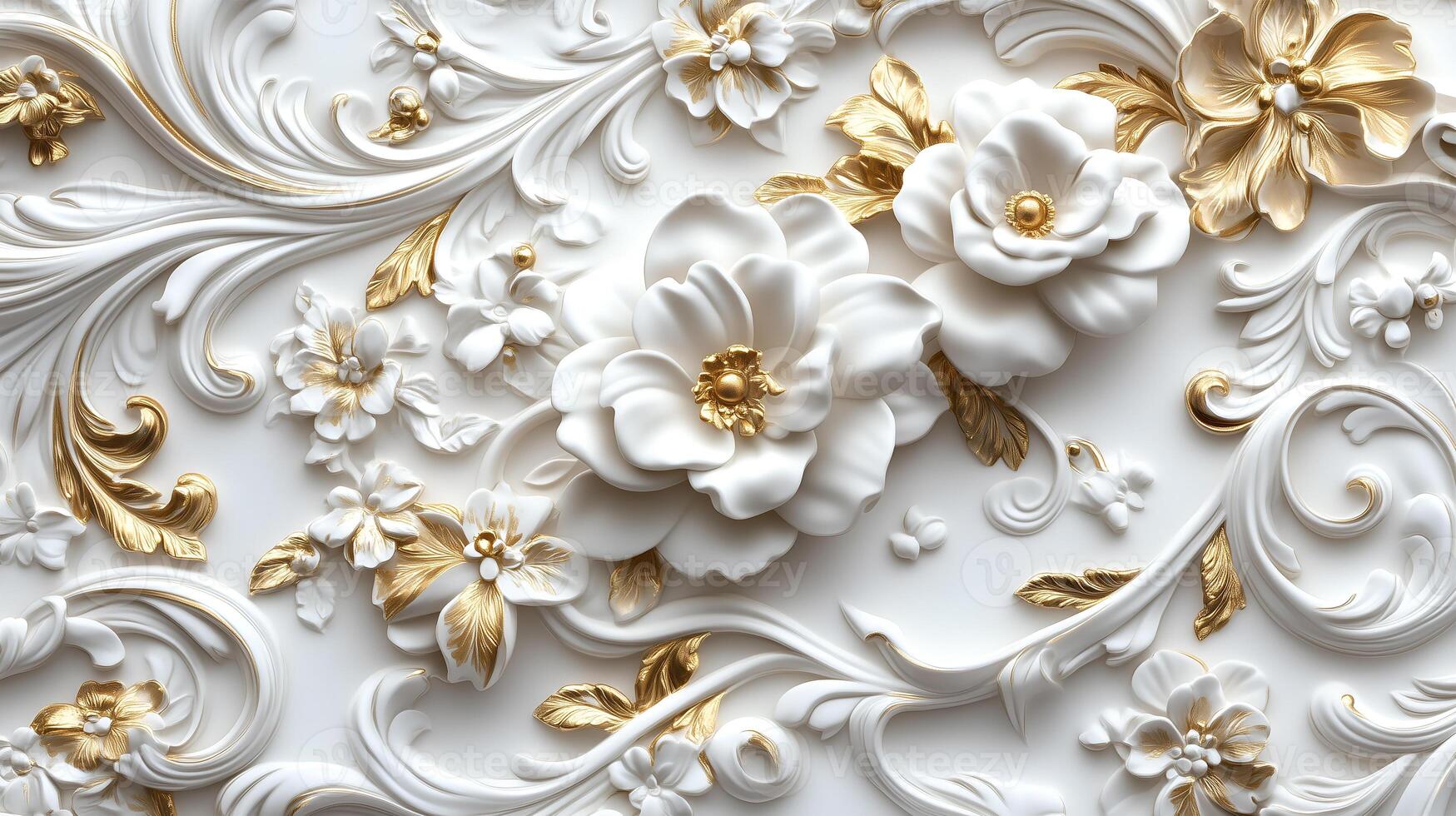 Elegant Rococo floral relief design in white and gold showcasing intricate craftsmanship photo