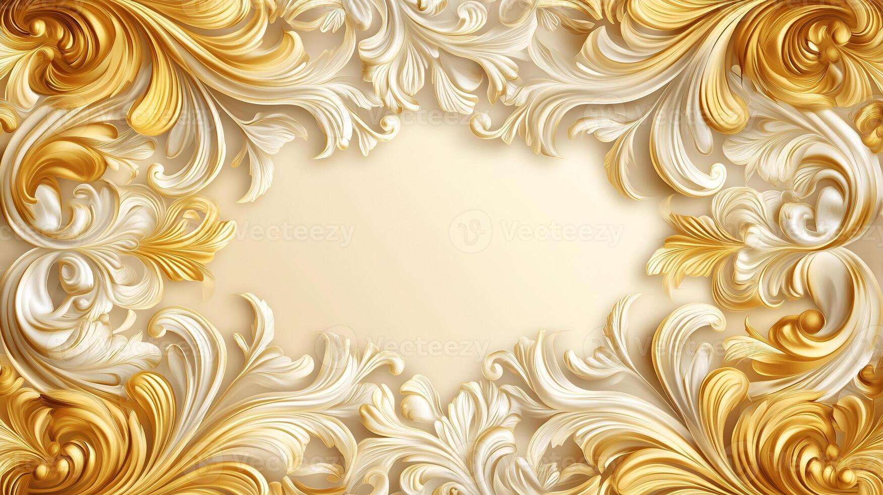 Elegant Rococo floral relief design in white and gold on a soft beige background photo