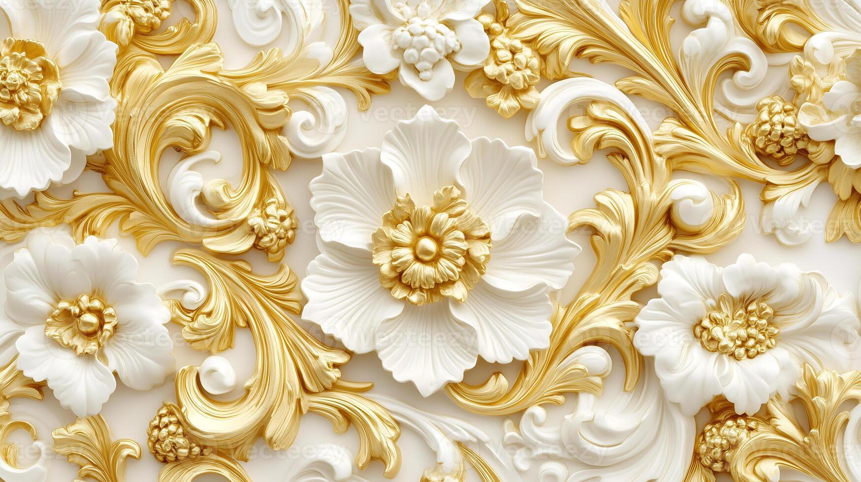 Elegant Rococo floral relief design with white and gold embellishments on a smooth background photo