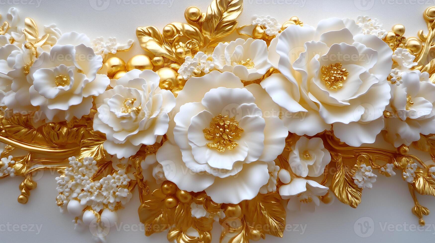 Elegant Rococo white and gold floral relief with intricate designs and delicate details photo