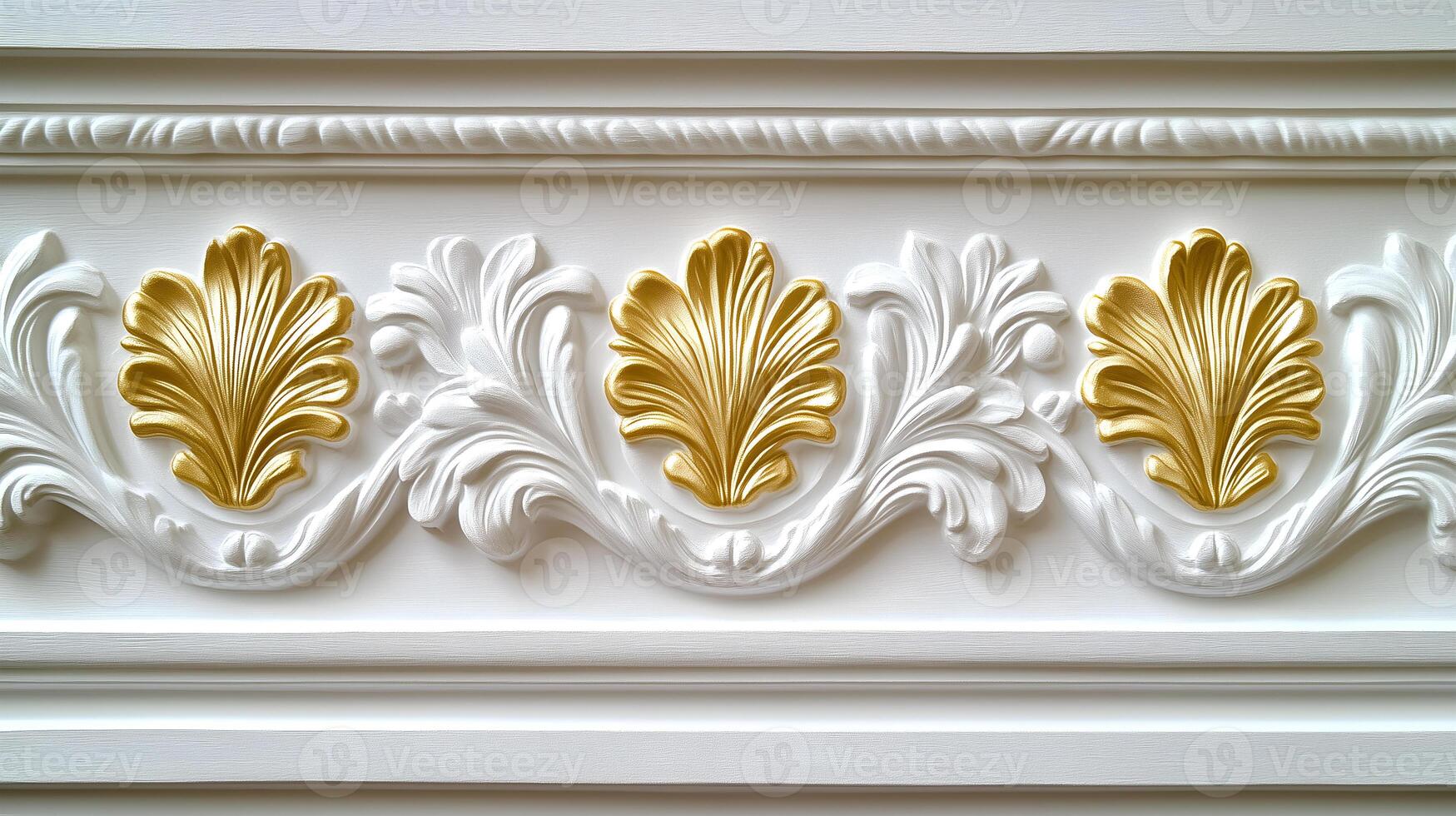 Rococo white and gold floral relief decor adorning a wall in an elegant interior space photo