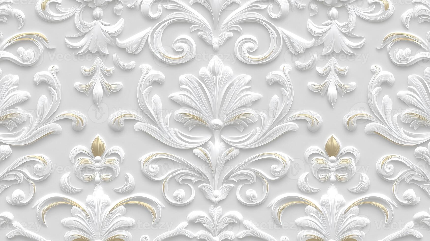 Elegant Rococo-inspired white and gold floral relief design in a sophisticated interior setting photo