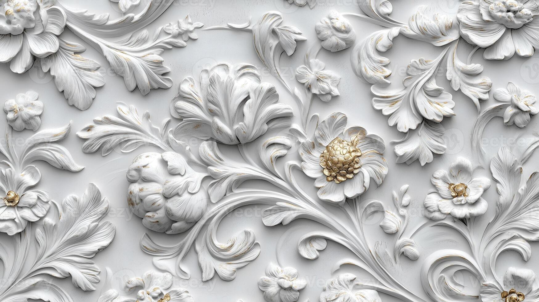 Intricate Rococo white and gold floral relief design with delicate detailing and texture photo