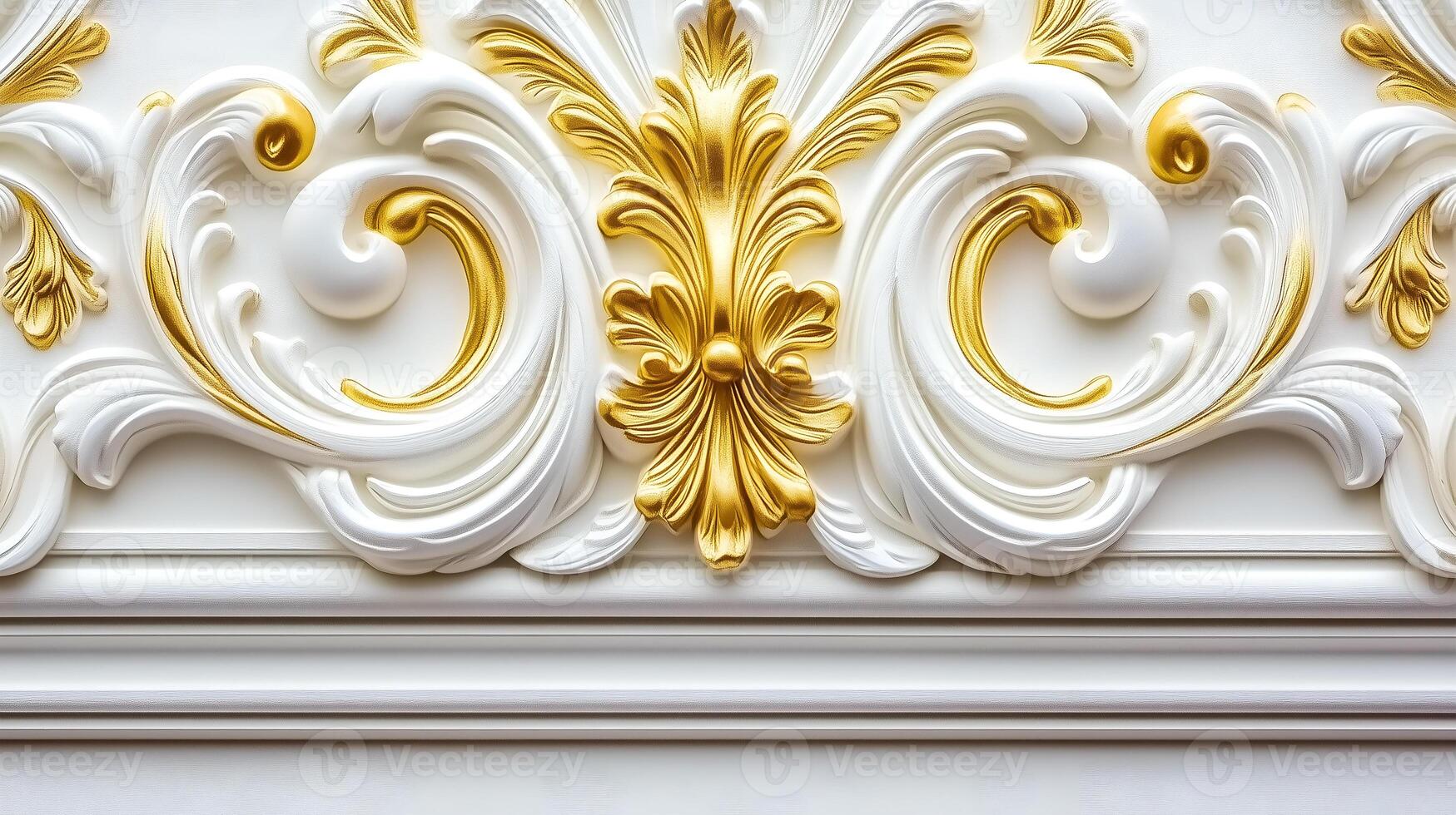 Intricate Rococo floral relief design in white and gold showcased in elegant baroque interior photo