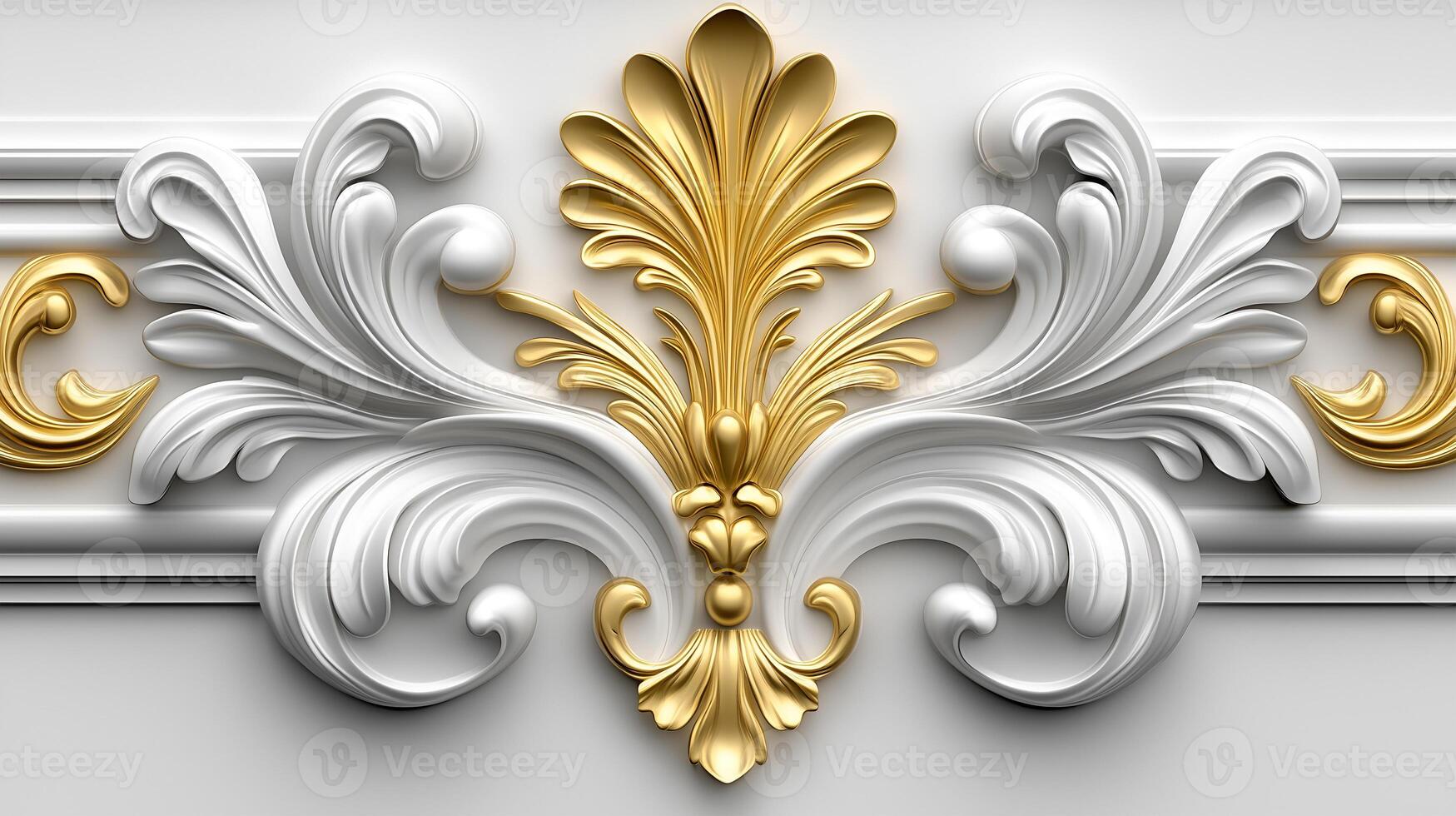 Rococo white and gold floral relief design on an elegant wall decor in a vintage setting photo