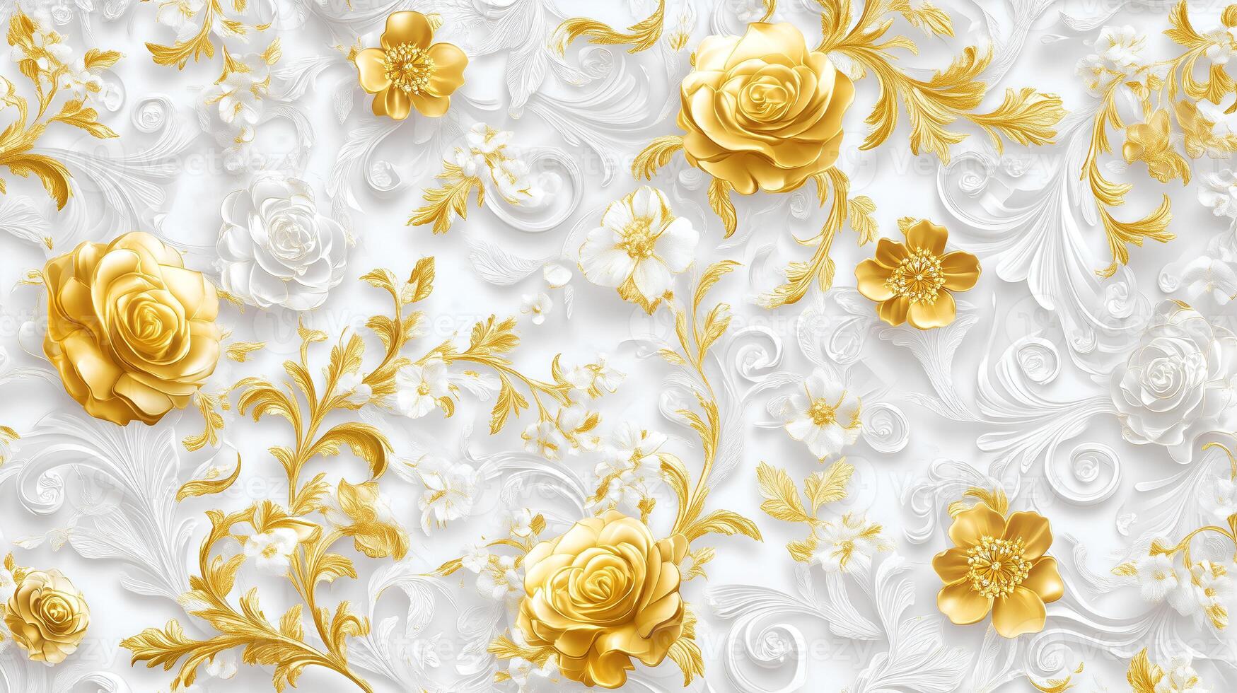 Elegant Rococo white and gold floral relief wallpaper with intricate designs and textures photo