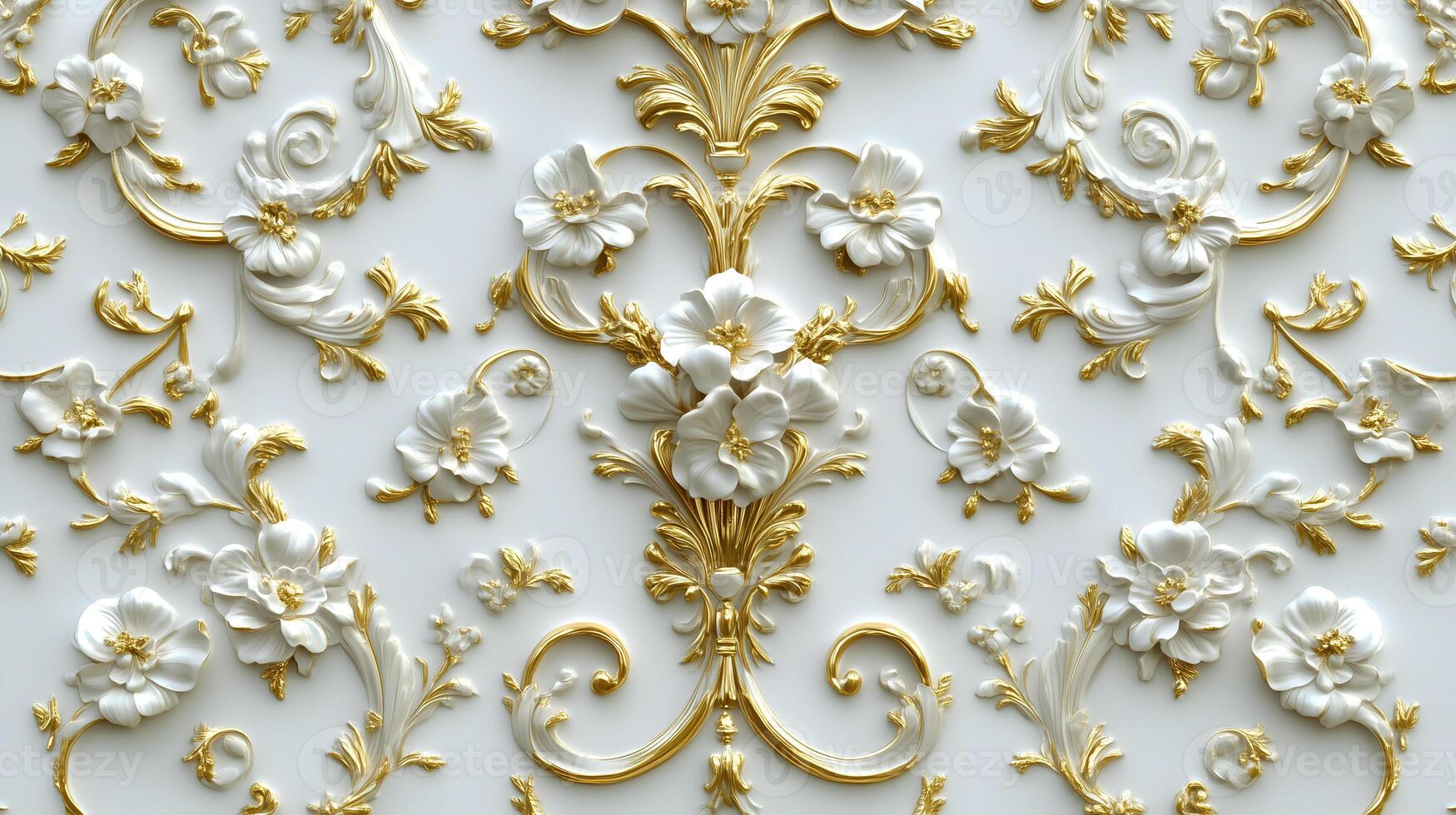 Intricate Rococo floral relief design in white and gold enhancing a luxurious interior space photo