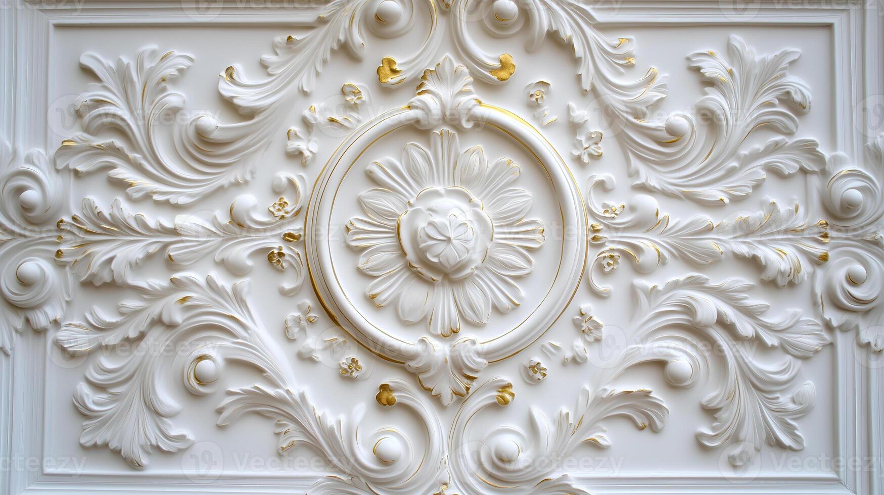Detailed Rococo floral relief design featuring white and gold elements on an ornate background photo
