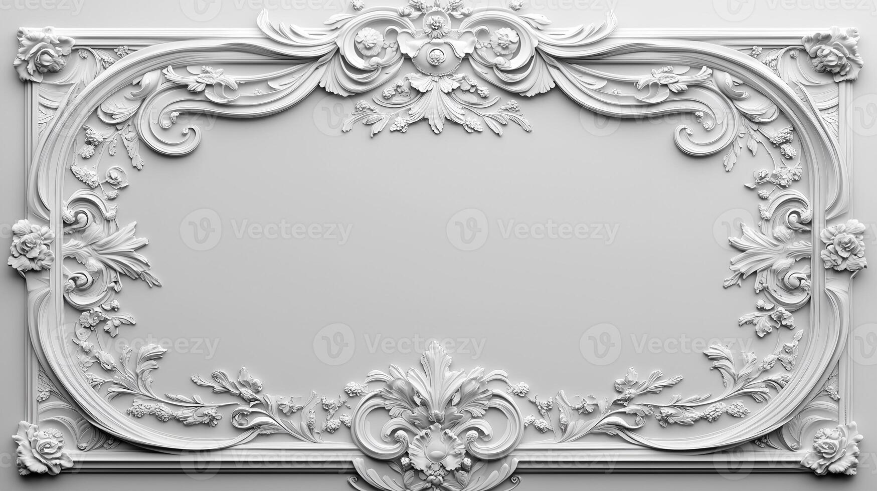 Elegant Rococo white and gold floral relief design with intricate detailing on a textured background photo