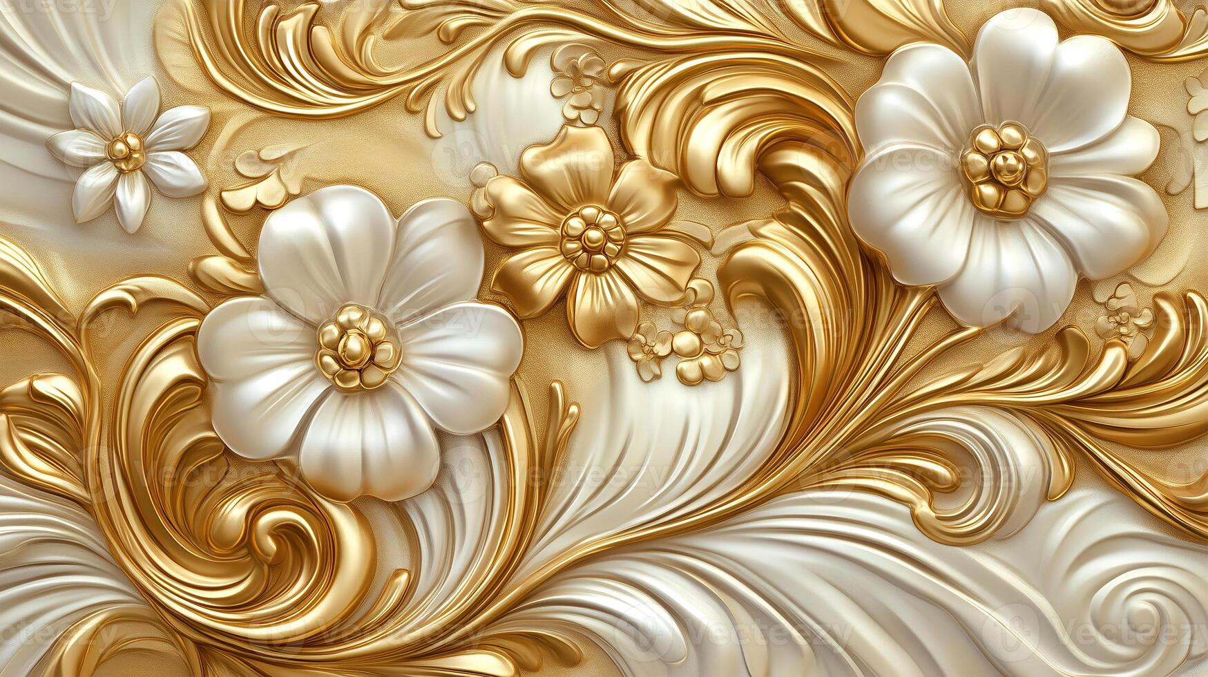 Elegant Rococo white and gold floral relief design showcasing intricate craftsmanship photo