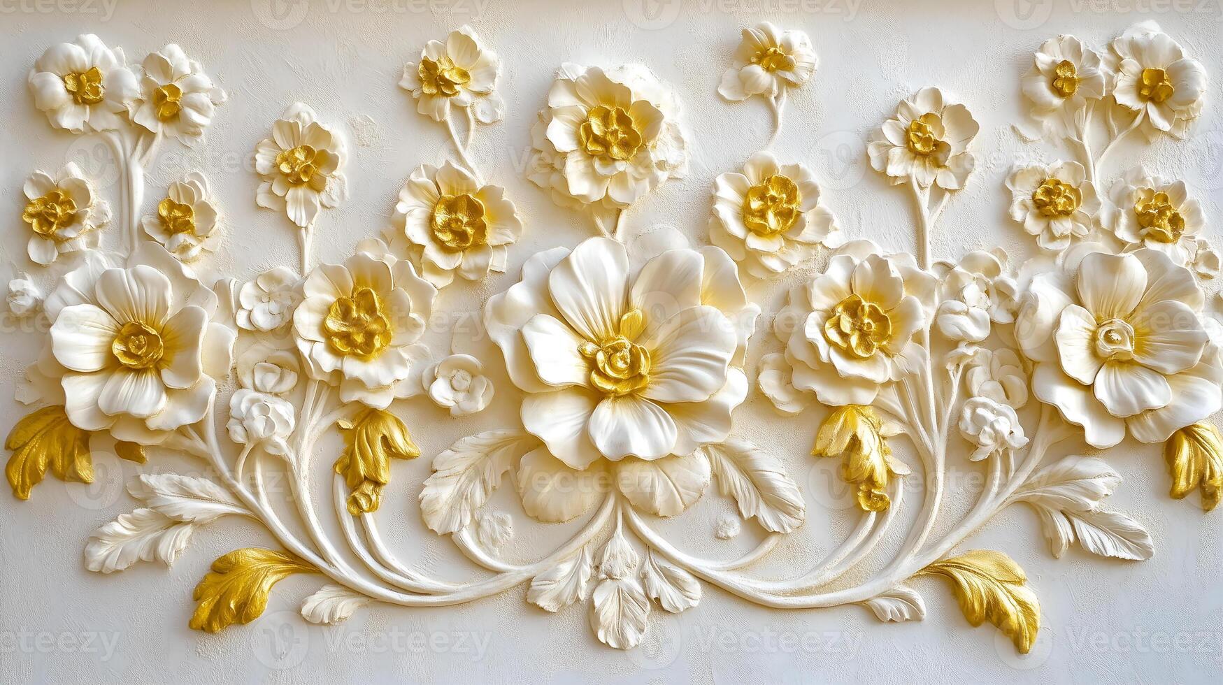 Elegant Rococo floral relief design in white and gold showcasing intricate craftsmanship and style photo