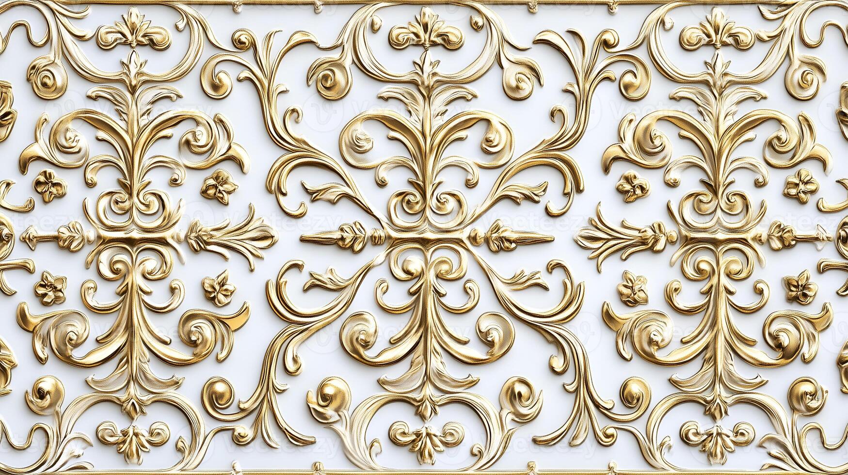 Intricate Rococo floral relief in white and gold against a soft background photo