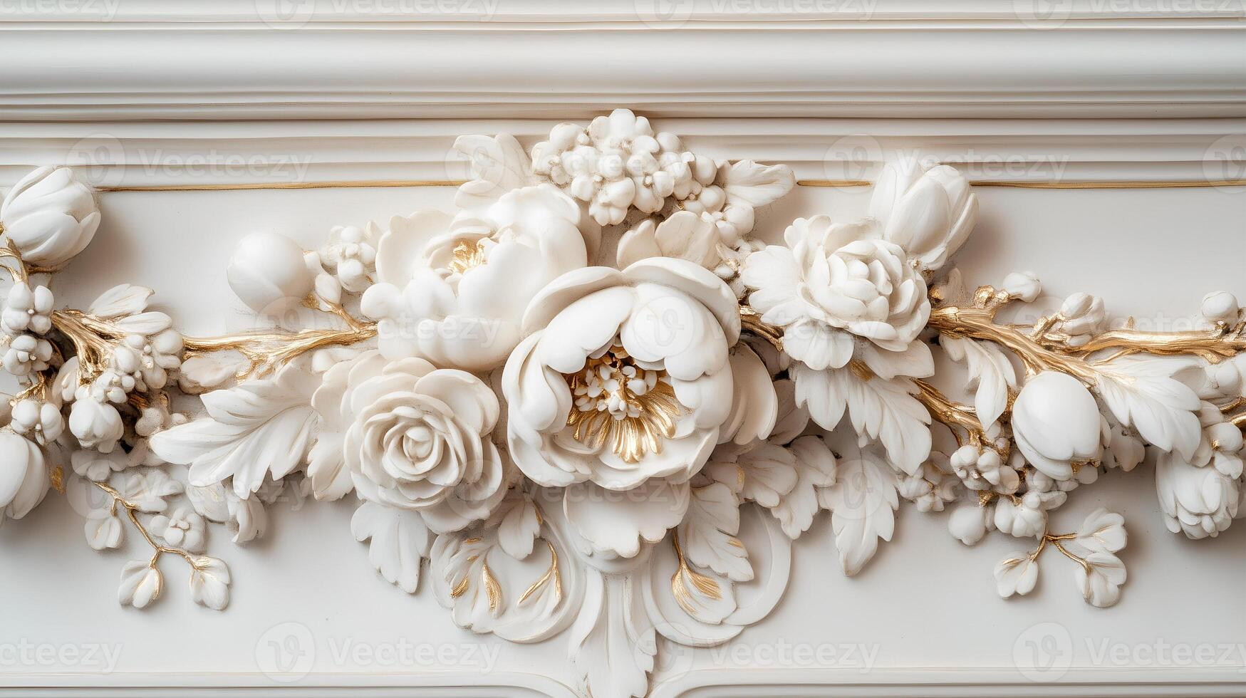 Delicate Rococo white and gold floral relief design adorning an elegant interior wall photo