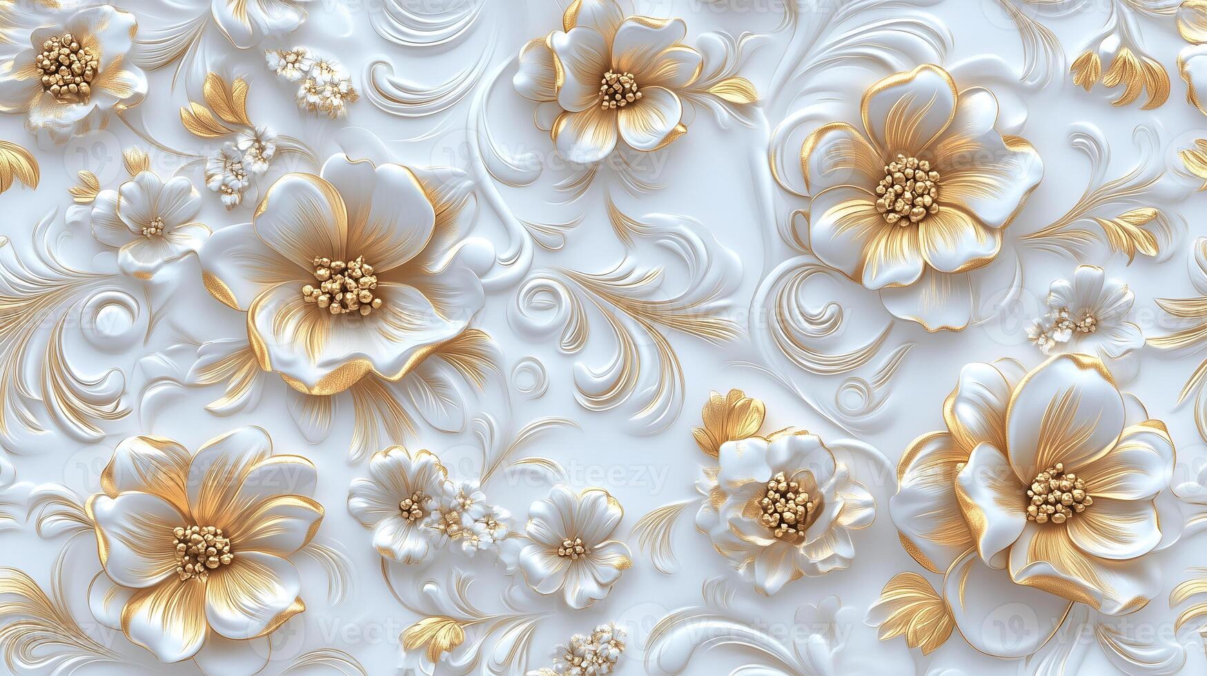 Rococo-inspired floral relief pattern with gold and white accents on a decorative background photo