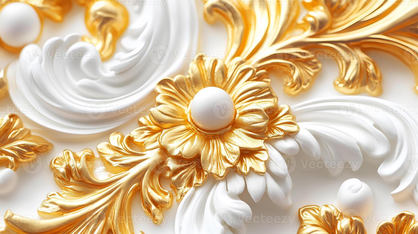 Elegant Rococo floral relief design in white and gold showcasing intricate craftsmanship in detail photo