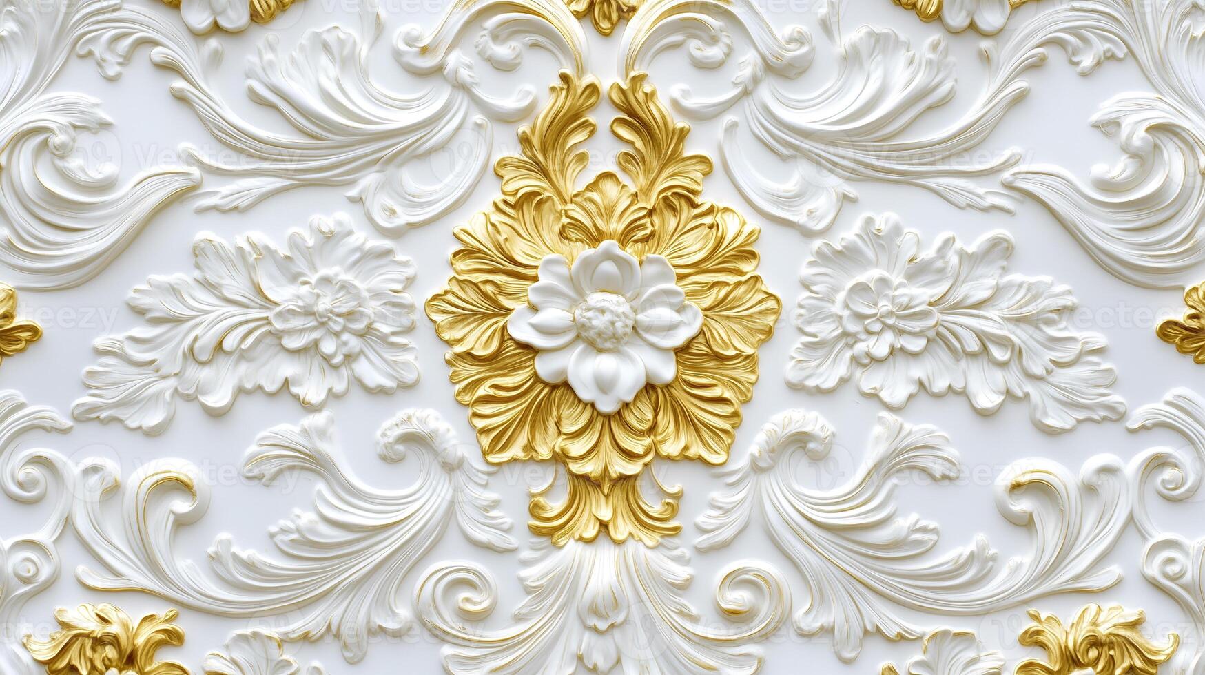 Elegant Rococo style white and gold floral relief design on textured background photo