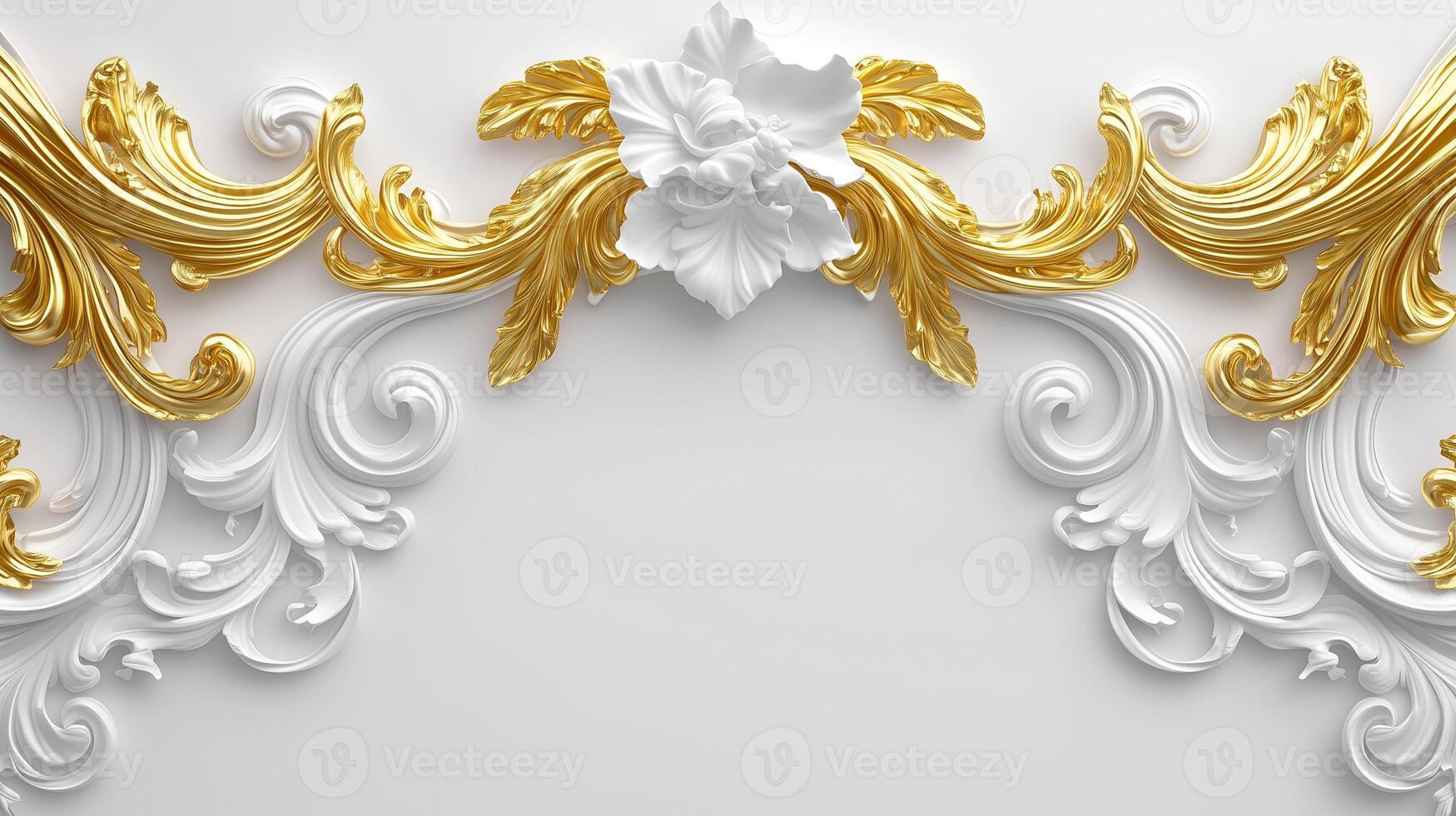 Elegant Rococo relief design featuring white and gold floral motifs on a textured background photo