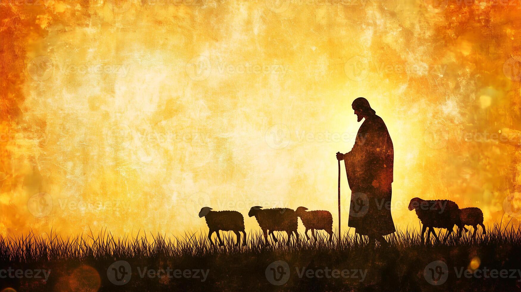 Jesus Christ leads his flock of sheep in a serene pastoral setting at sunset while praying photo
