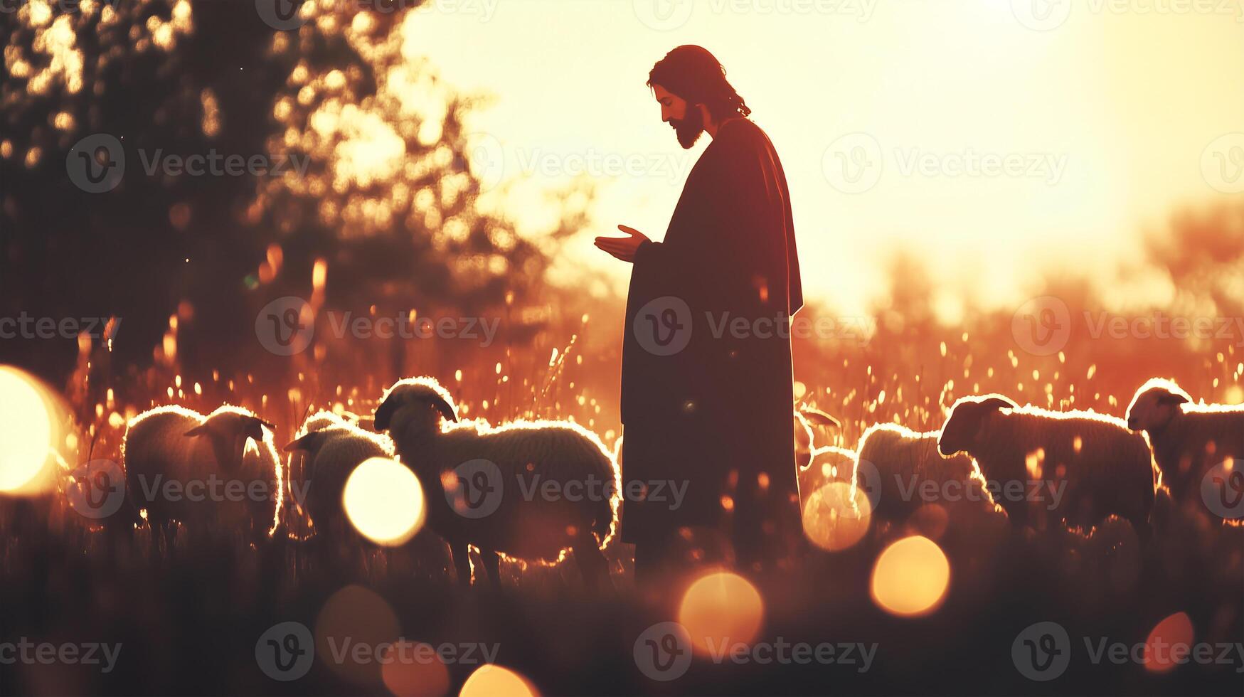 A shepherd tending to sheep during sunset while praying for guidance and protection photo