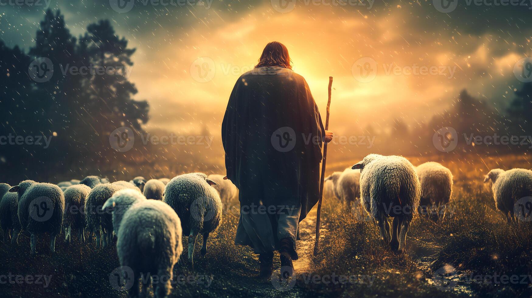 Shepherd guiding sheep at dusk with warm light and prayerful atmosphere photo