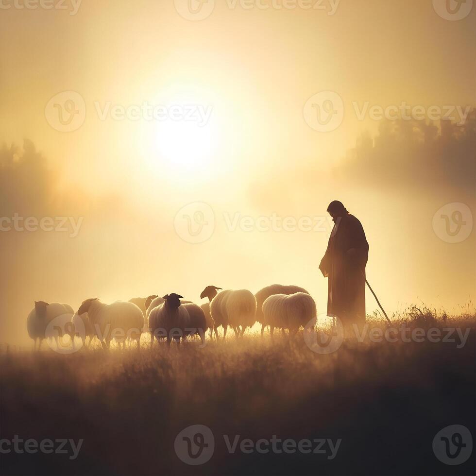 Shepherd guiding sheep at dawn while offering prayers in a serene landscape photo