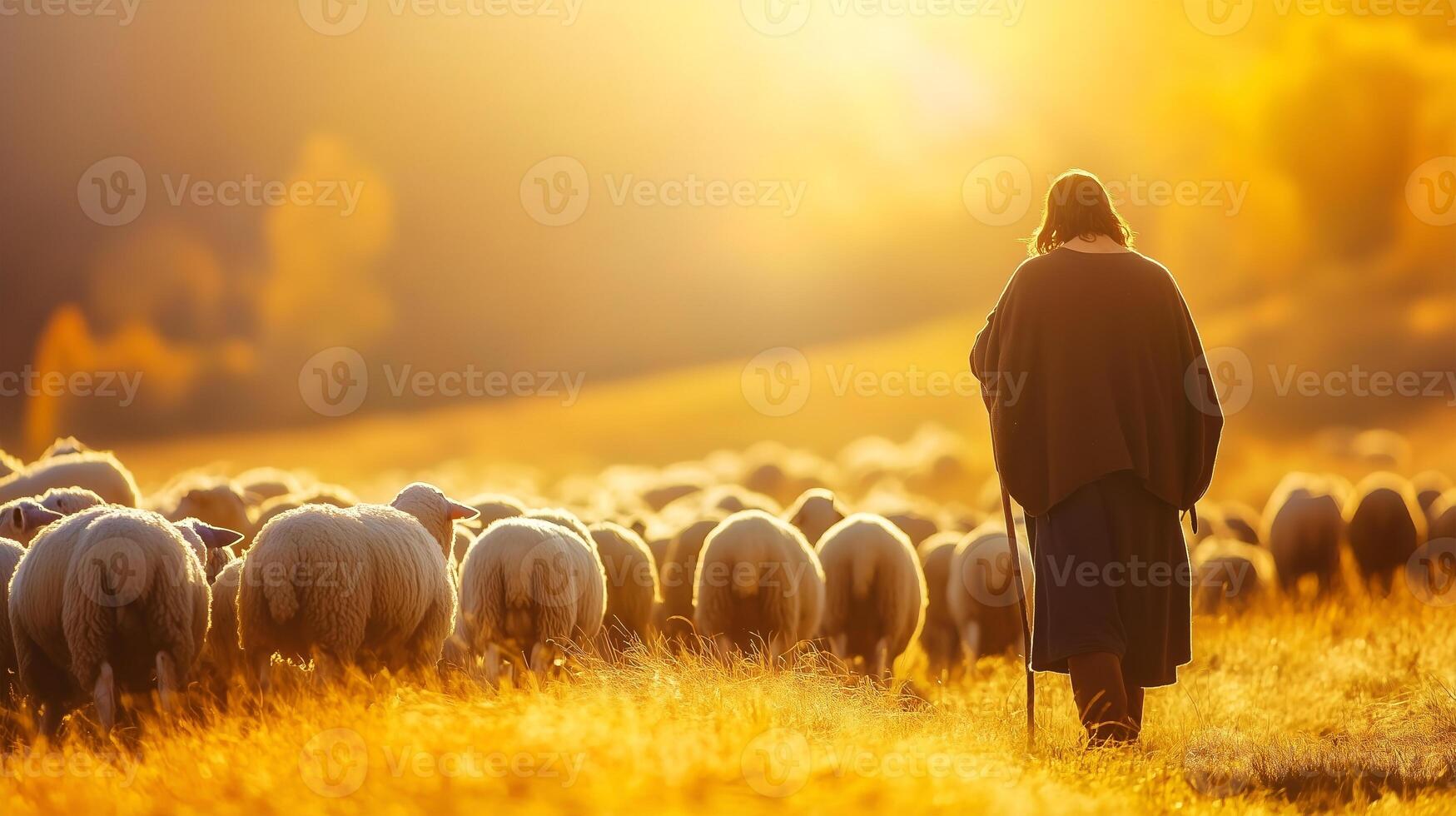 Shepherd Jesus Christ leads his flock of sheep through golden fields at sunset while praying photo