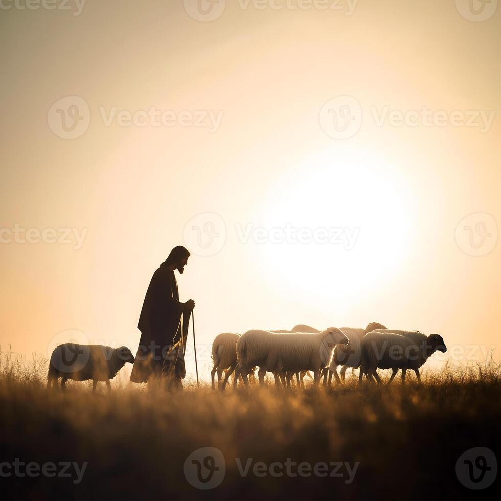 Jesus Christ as a shepherd leading sheep in a tranquil field at sunset in serene prayer photo