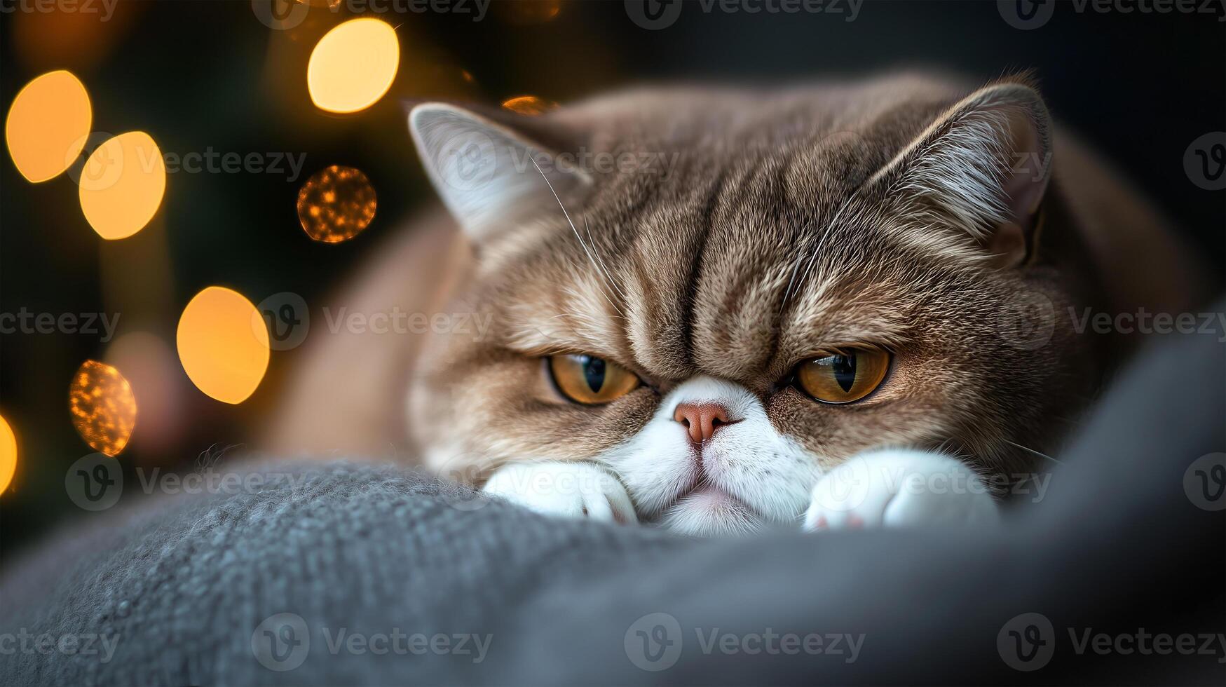A relaxed exotic cat lounging near a beautifully decorated Christmas tree with warm lights photo