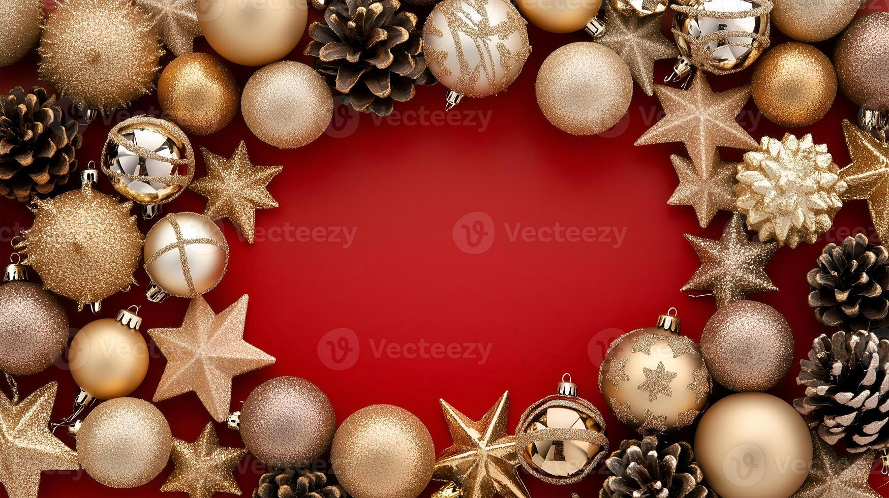 Elegant Christmas background with ornaments and pinecones framing blank space for your message photo