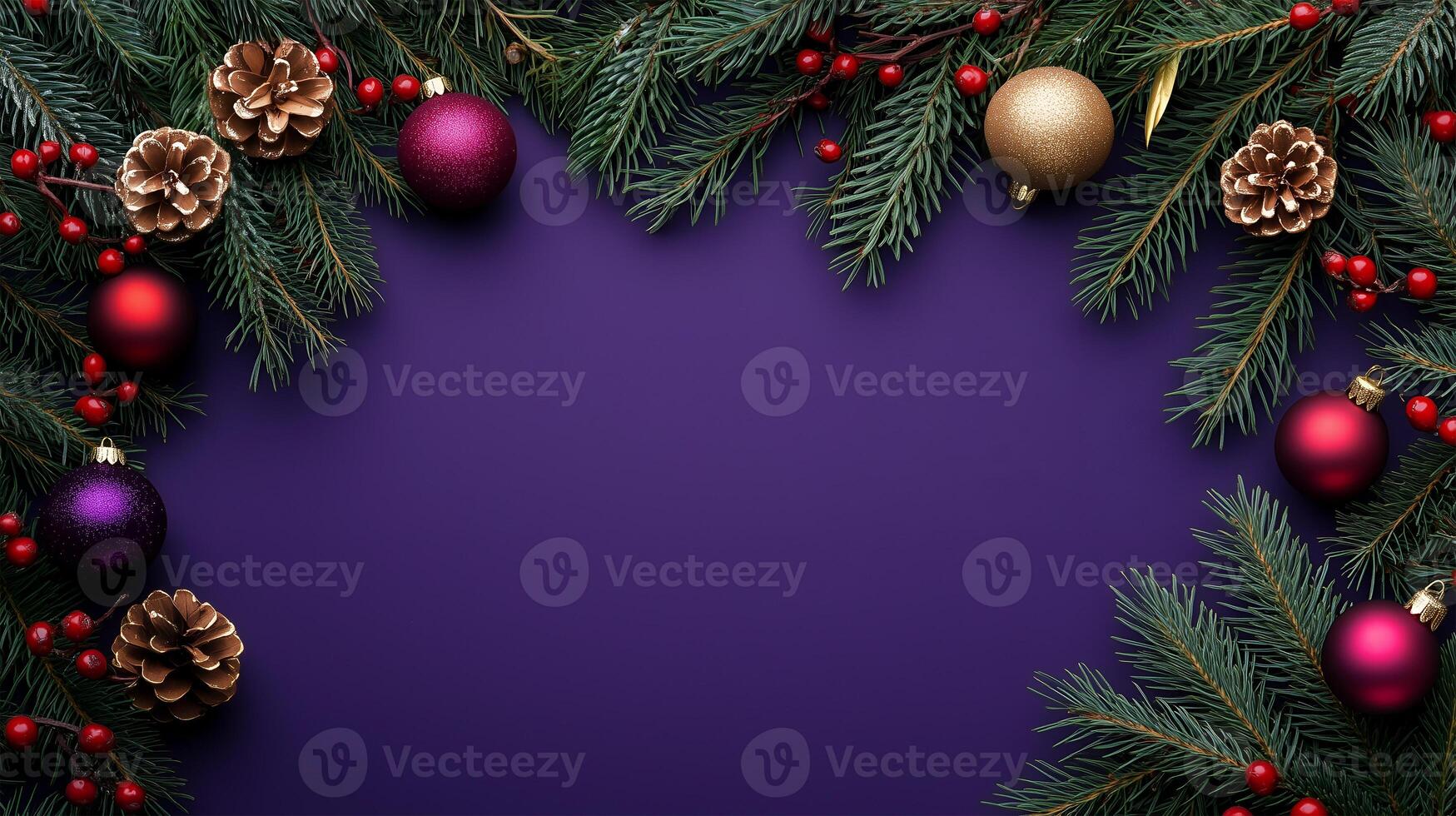 Festive Christmas background featuring evergreen branches and ornaments with space for your message photo