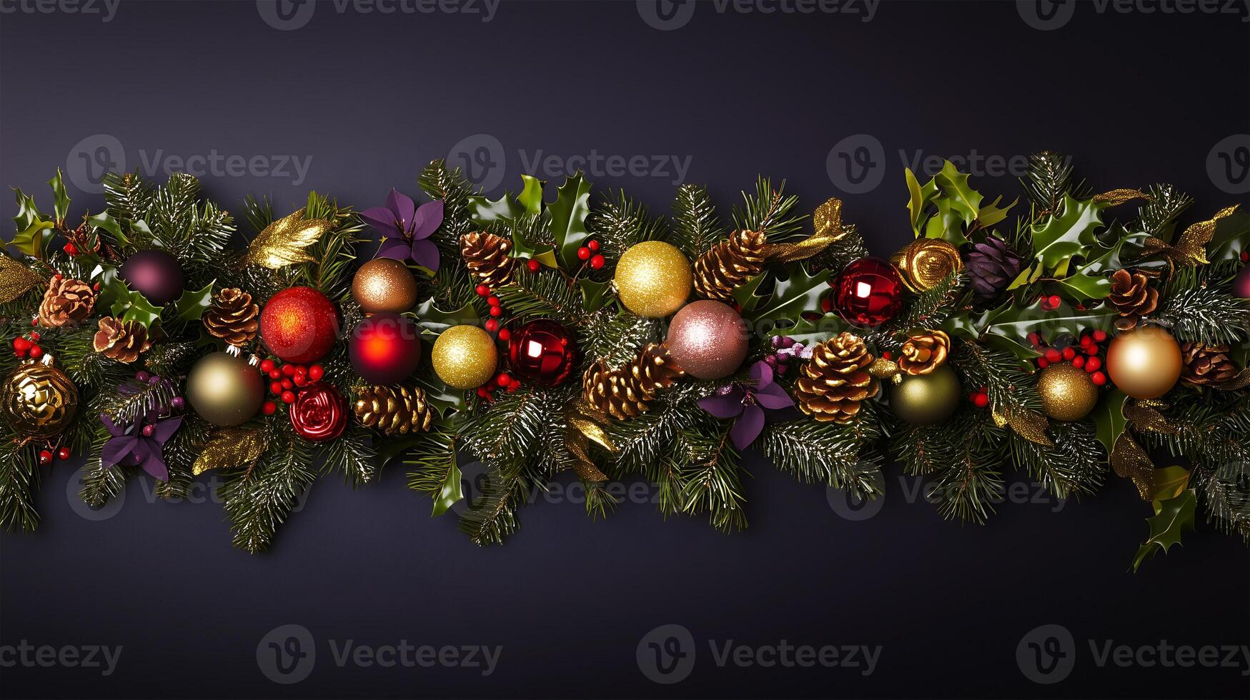 Festive Christmas background with ornaments, pine cones, and holly for celebration photo