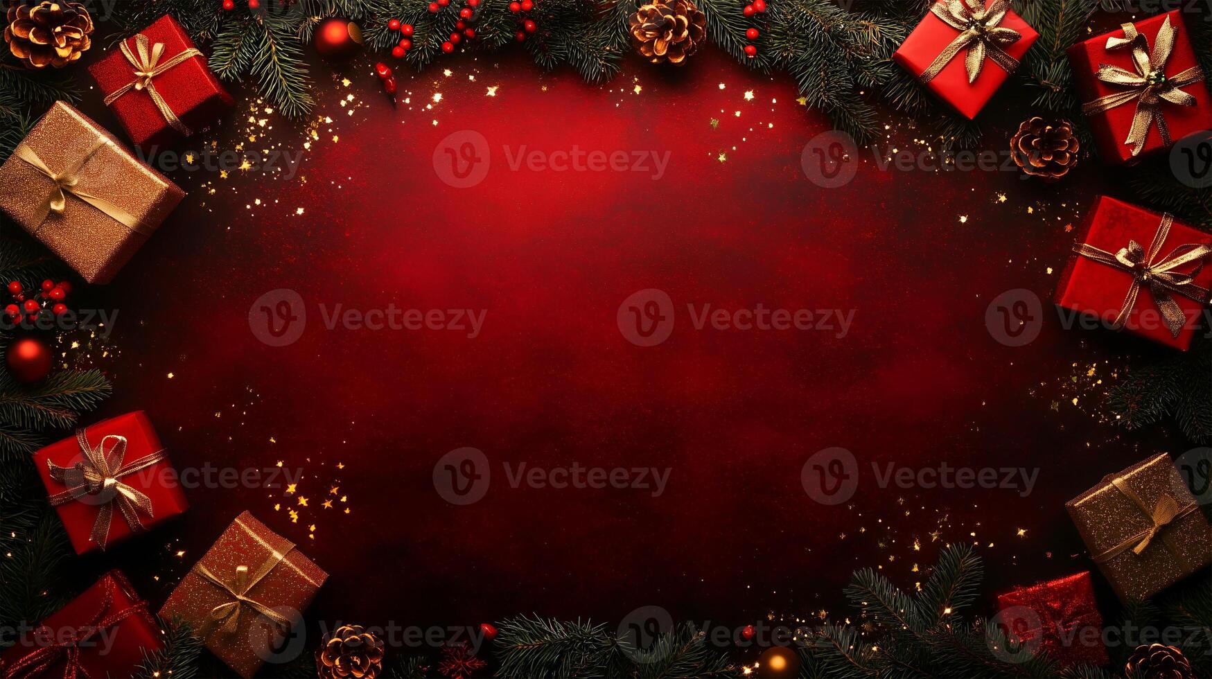 Festive Christmas background featuring decorated gifts and greenery with ample copy space photo