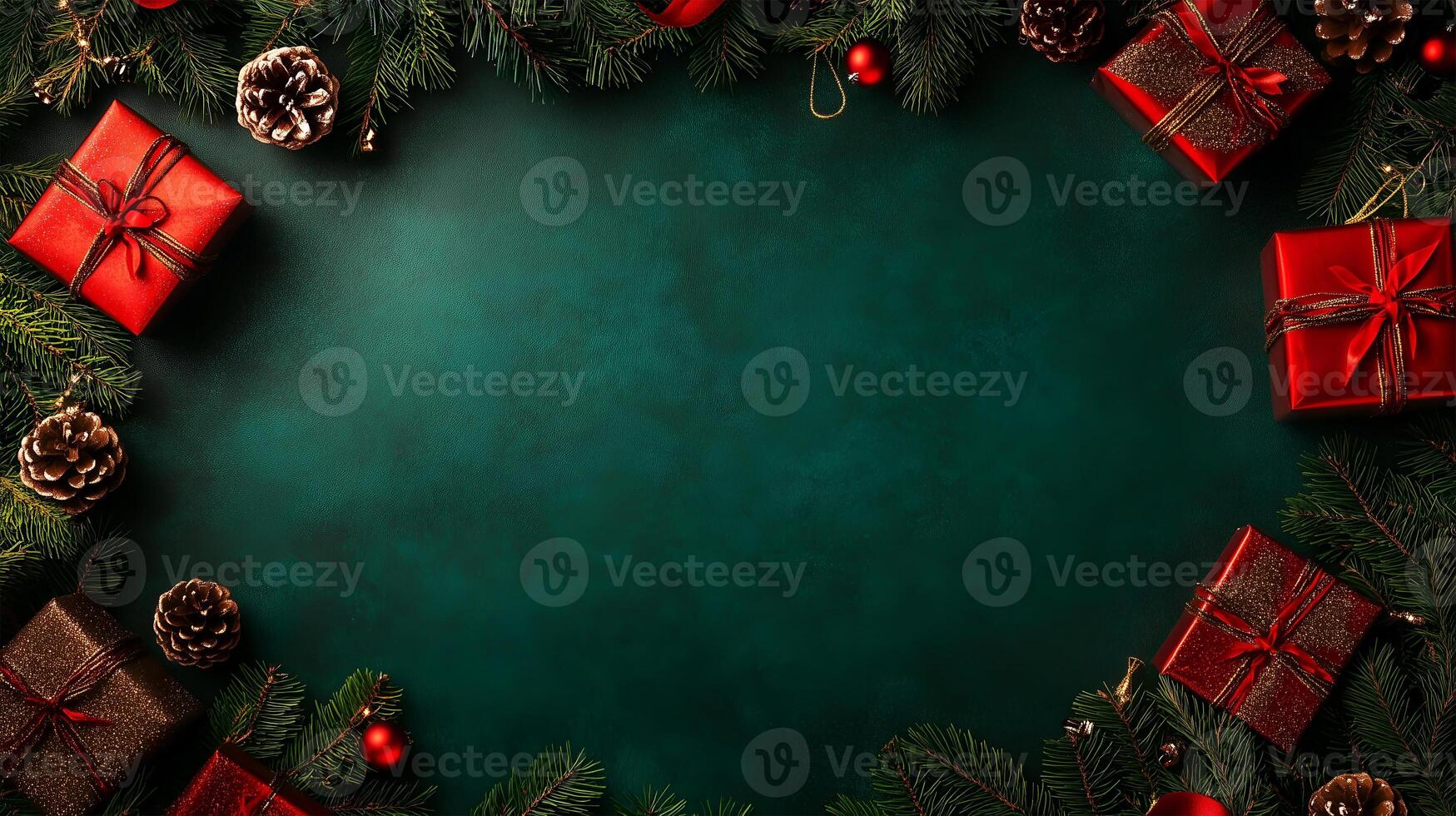 Festive Christmas background with red gifts and pine decorations for seasonal greetings photo