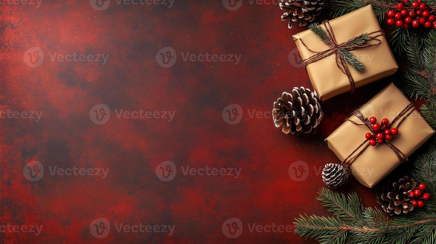 Festive Christmas background featuring wrapped gifts and natural elements with ample copy space photo