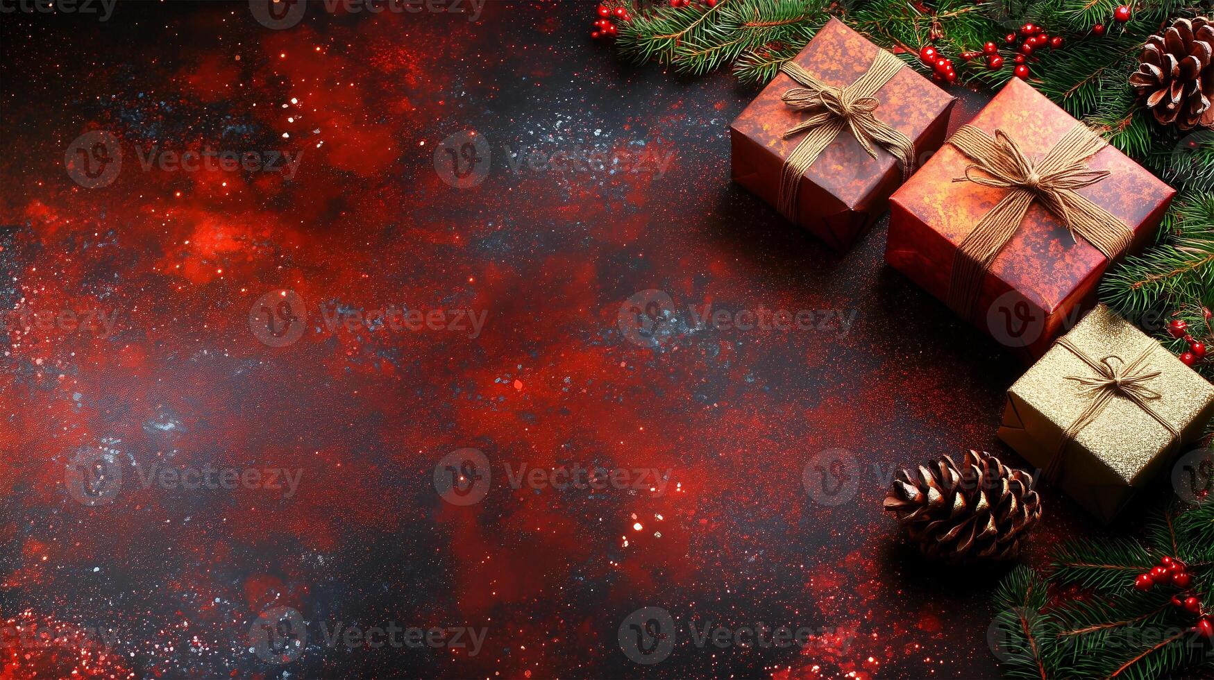 Festive Christmas background with gift boxes and pine for holiday cheer photo