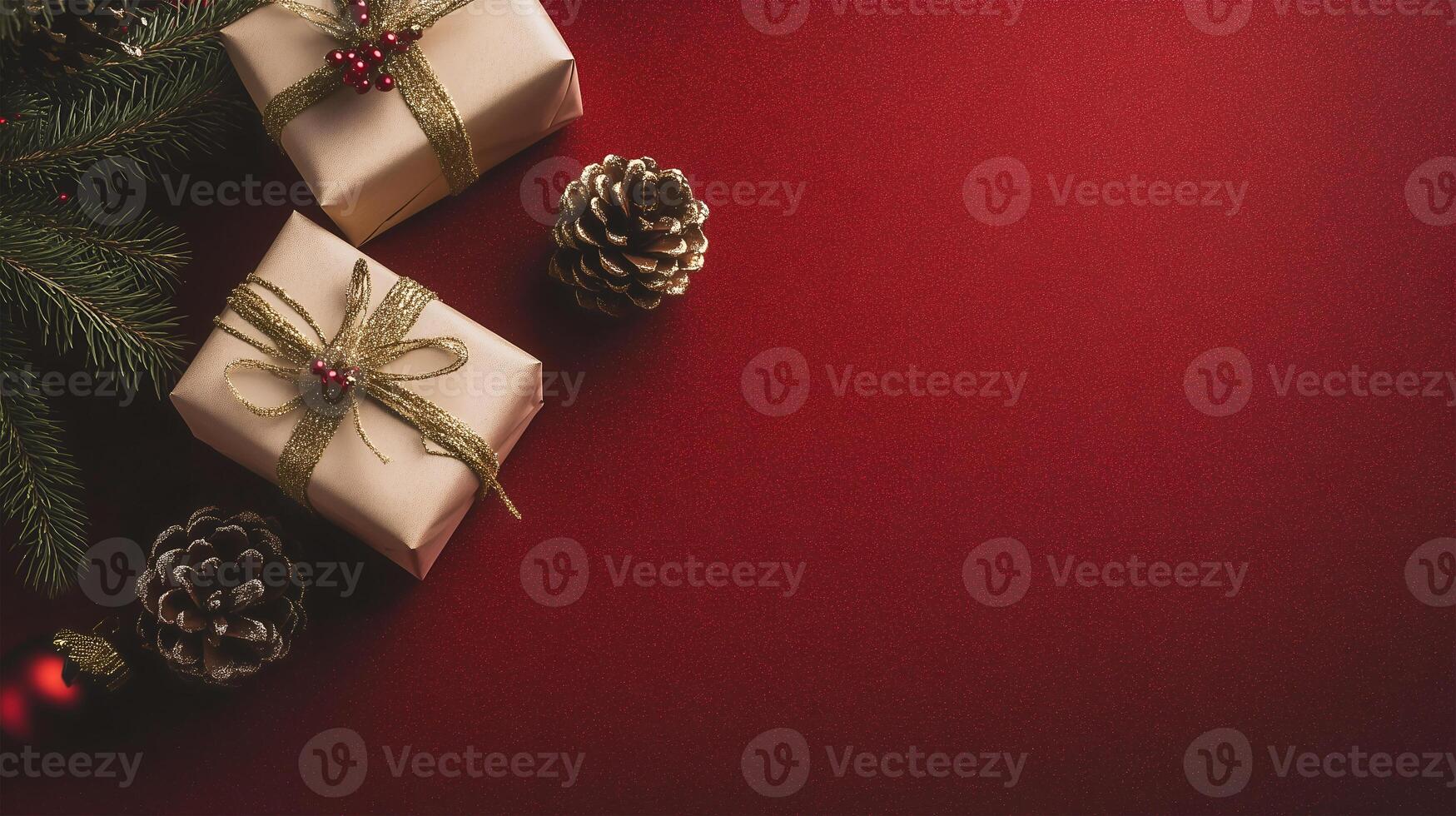 Beautiful Christmas background with gifts, pine cones, and space for festive text decoration photo