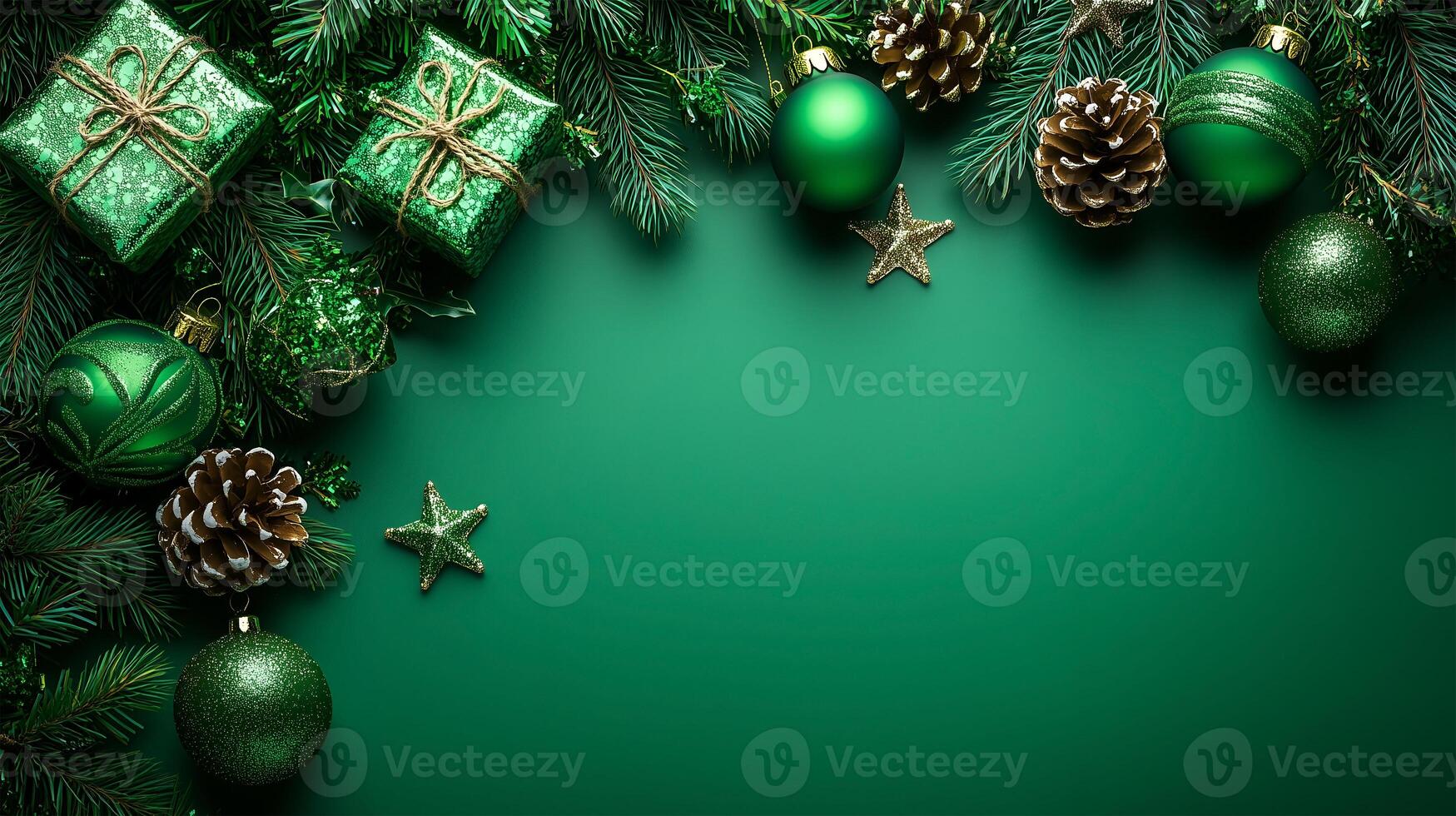 Festive Christmas background with green decorations and space for holiday text photo