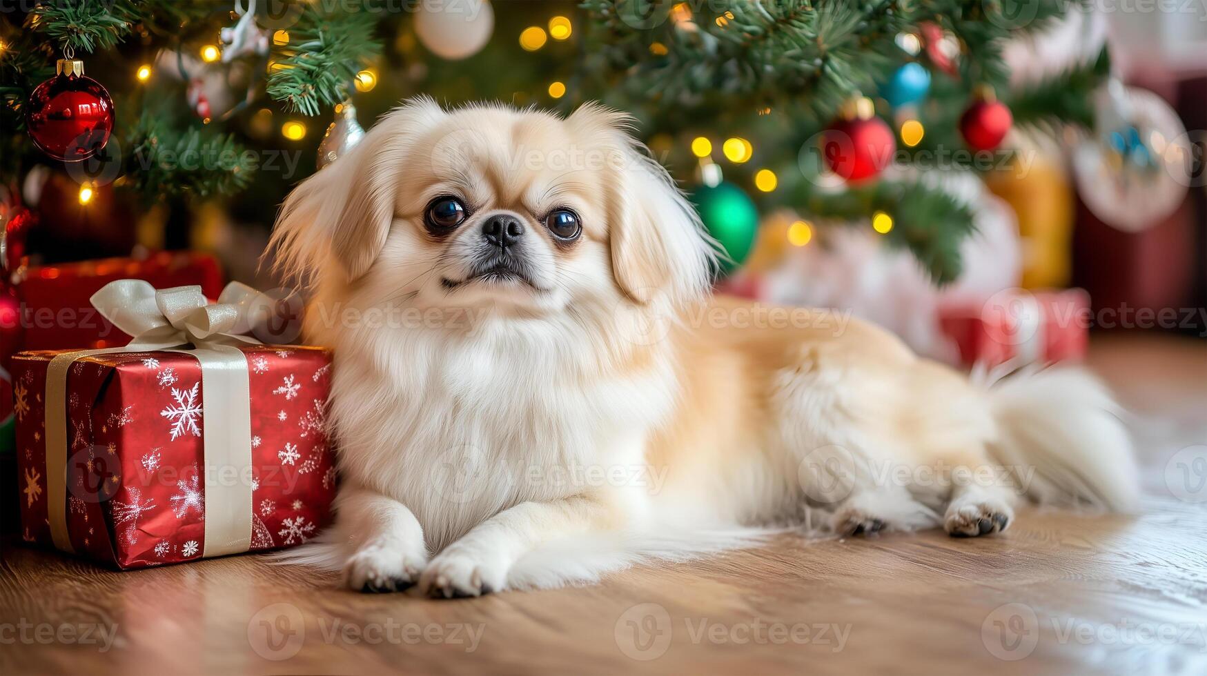 A Pekingese dog lounging next to a beautifully decorated Christmas tree with presents photo