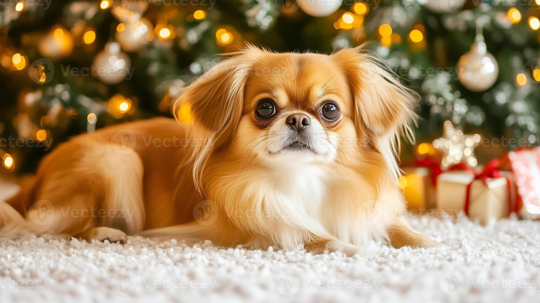 A Pekingese dog relaxes by a beautifully decorated Christmas tree with sparkling ornaments and gifts photo