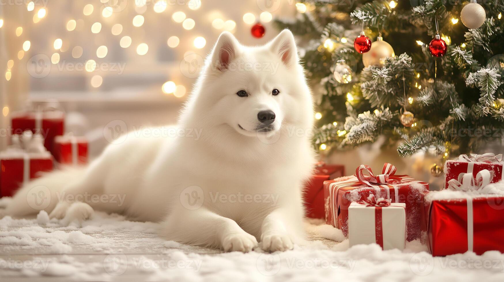 A playful Samoyed relaxes by a festive Christmas tree and gifts photo
