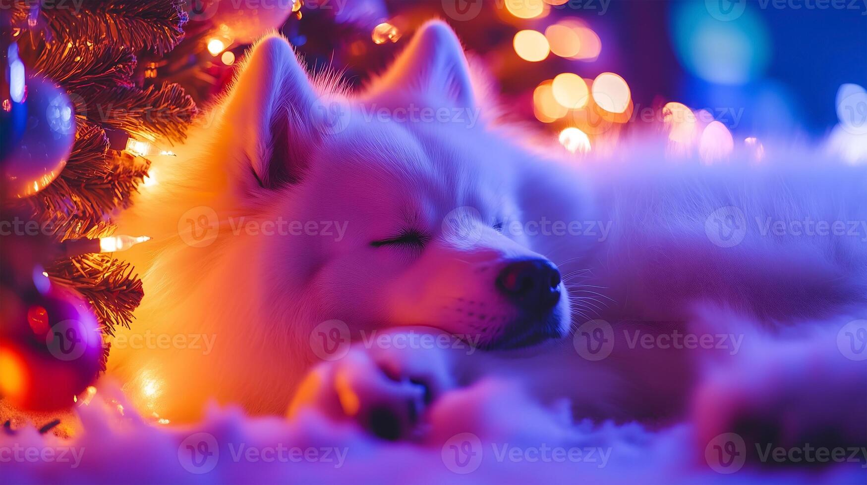 A peaceful Samoyed dog resting near a beautifully decorated Christmas tree with glowing lights photo