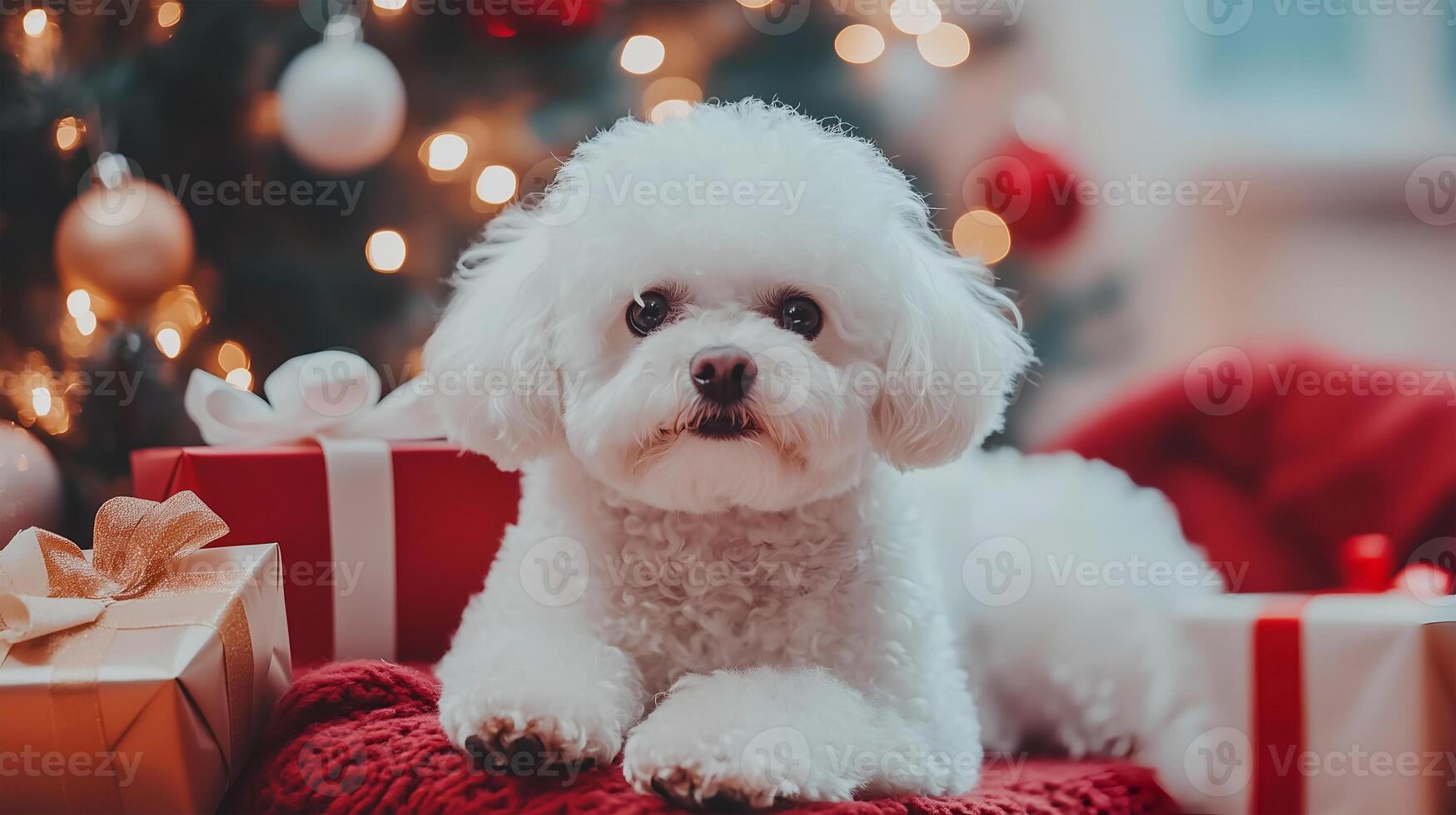 A Bichon Frise relaxes by the Christmas tree surrounded by festive decorations and presents photo