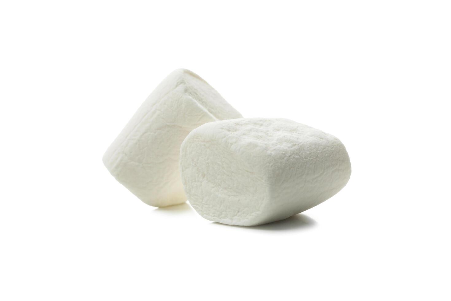 Two marshmallows isolated on white background, close up photo