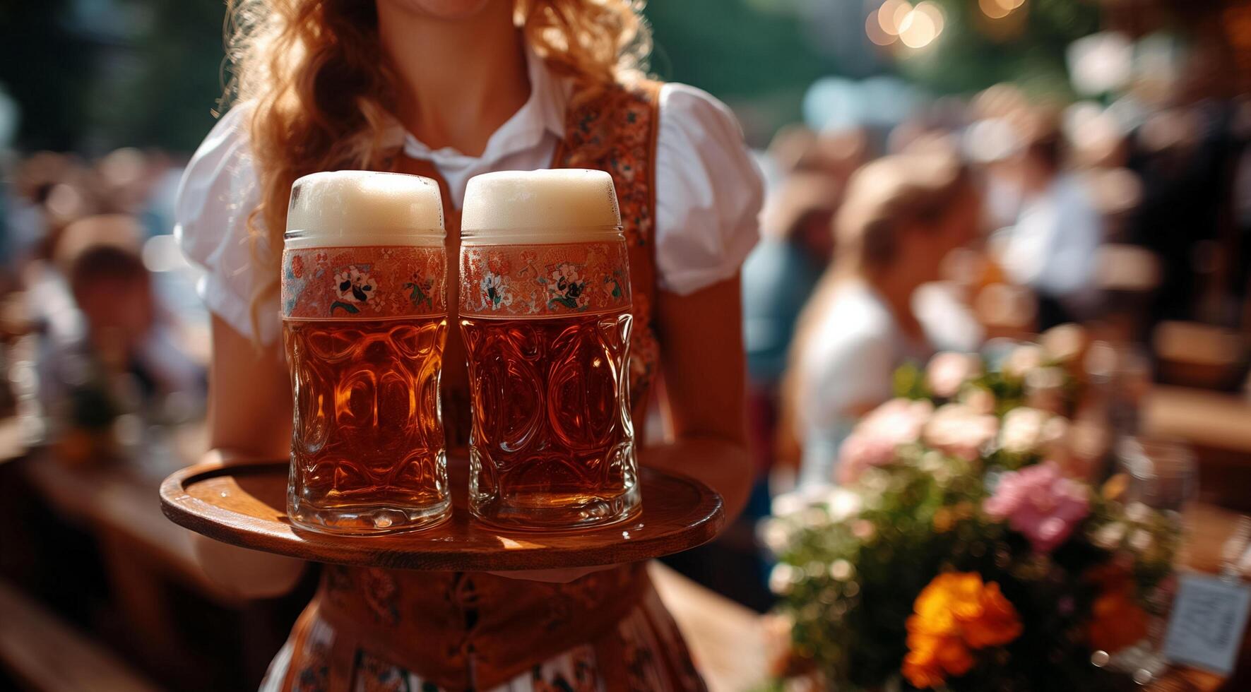 Woman with glasses of beer on a tray against a background of people with space for text photo