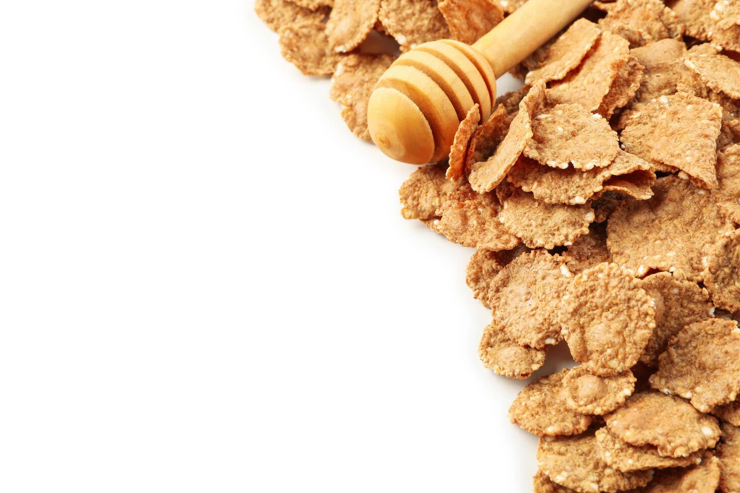 Chocolate muesli and dipper isolated on white background photo