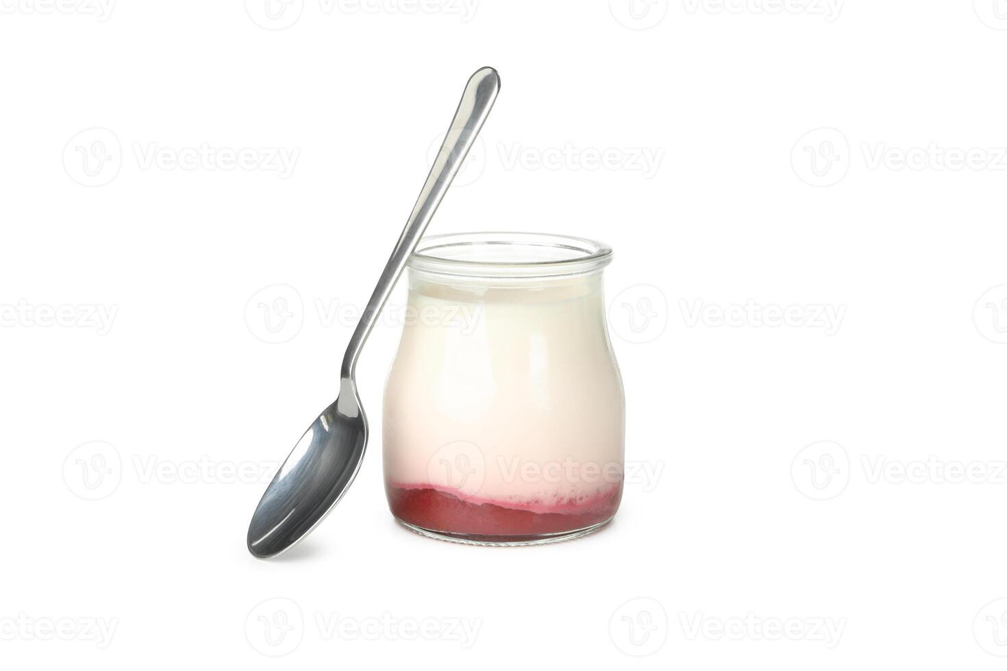 Bottle of sour cream yogurt and spoon isolated on white background photo