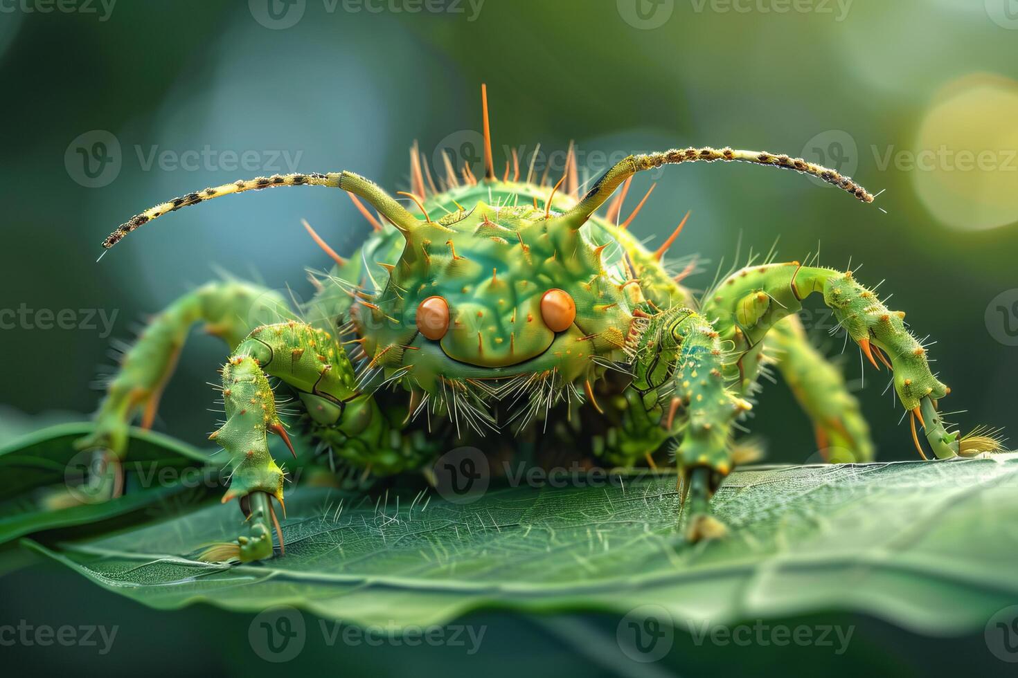 Spiky green insect smiling and posing on a leaf photo