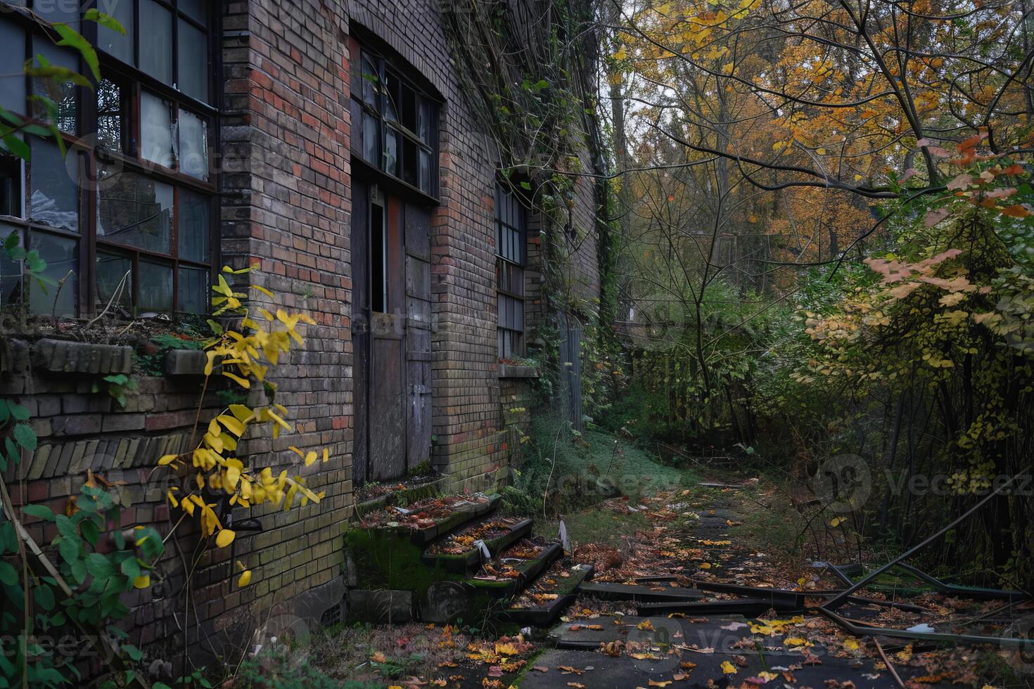Old abandoned building being reclaimed by nature in autumn photo