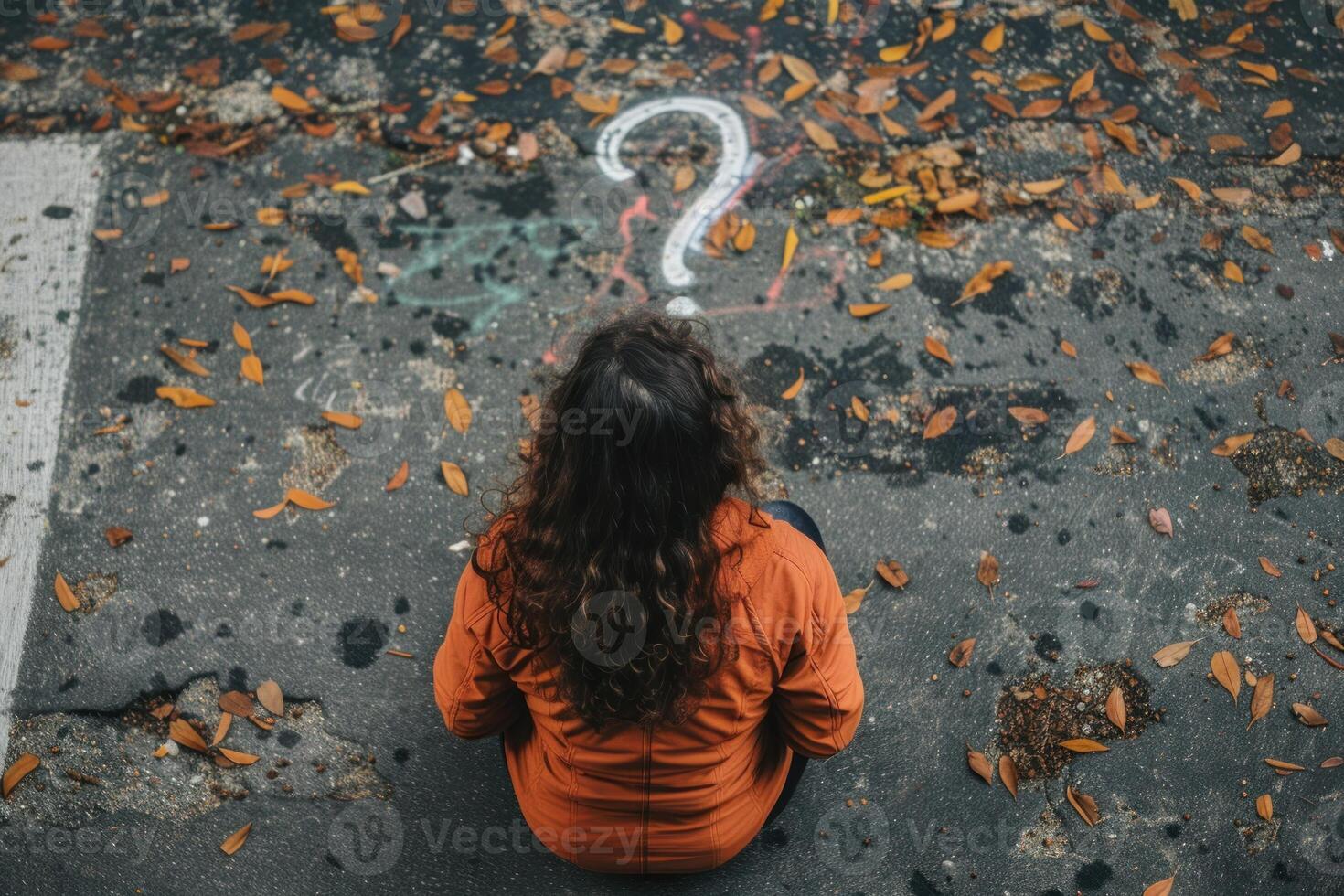 Young woman sitting on asphalt road looking at question mark sign photo